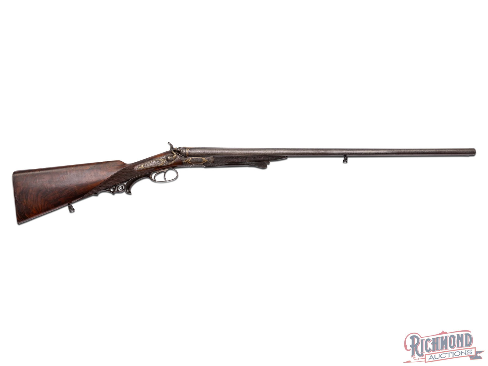 STUNNING Austria Joseph Heinige 16 GA Side by Side Underlever Shotgun: Manufactured in Wien, Austria circa 1910 by Joseph Heinige. Features 30" twist steel barrels with matted rib, Doll's Head lug, and extractors. Barrels are marked on rib in gold with a number "2" and "