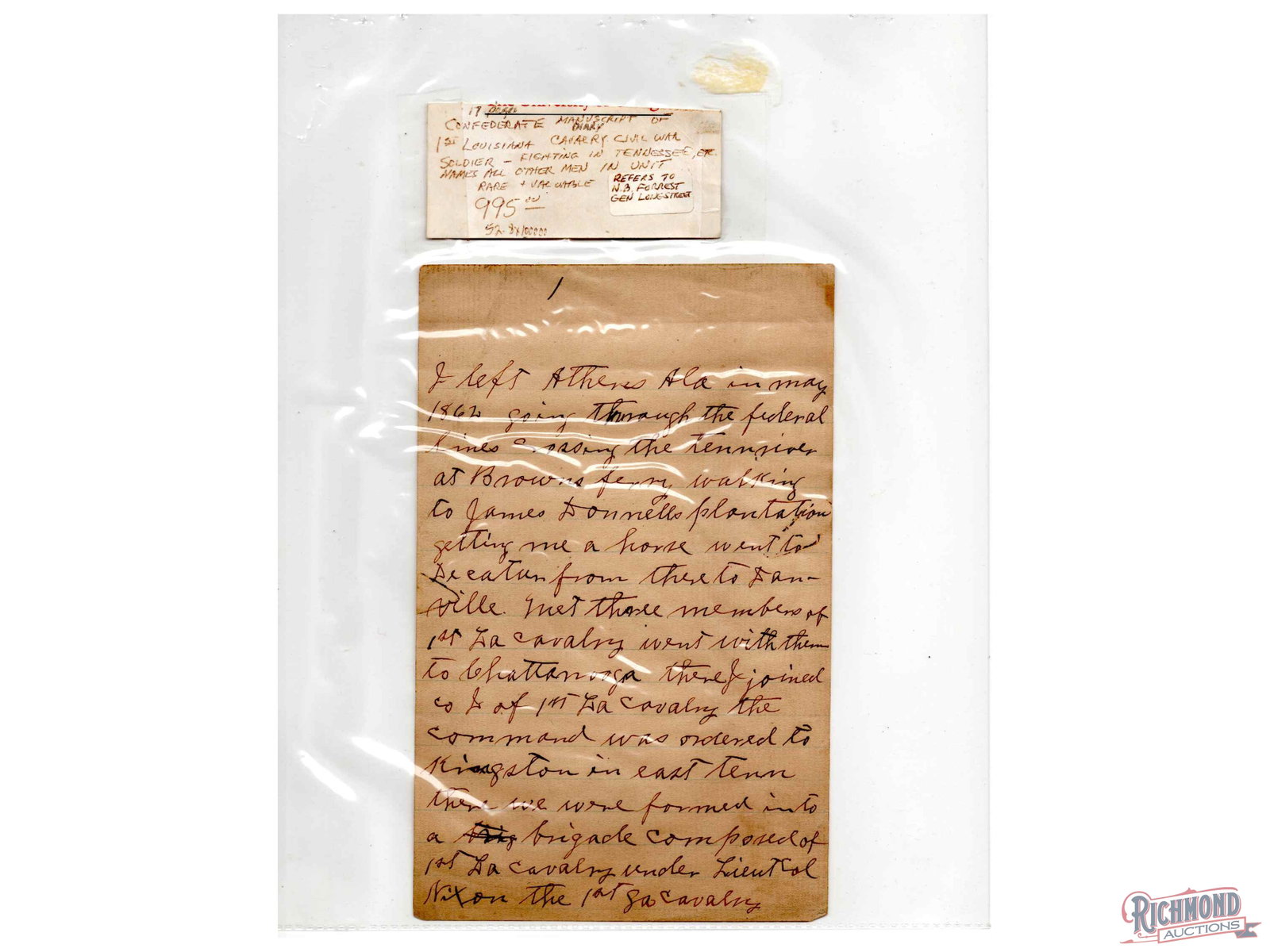 Civil War Manuscript Confederate Diary in Narrative Form: A vivid account of a Confederate soldier's military service with the 1st Louisiana Cavalry. The diary is done in narrative form rather than a day by day account. The soldier does not sign the diary ho