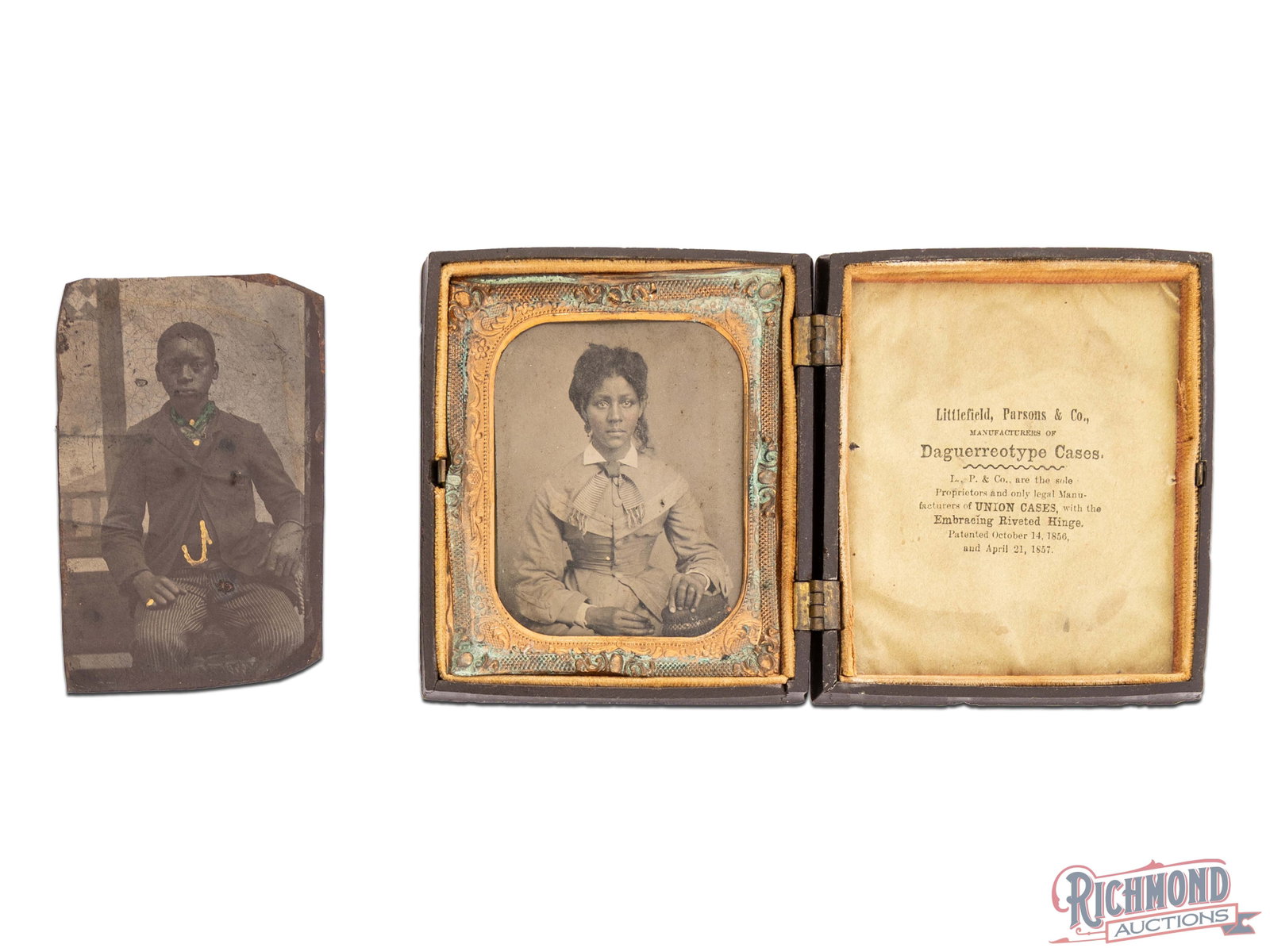 Two Tintype Images of African Americans: Two lovely images of African Americans in fine dress attire, each with haunting eyes and good details. A fine pair with light damage and waving to the images. Approximately 3" x 2".