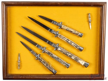 Framed Collection German Rostfrei Stiletto Switchblades & Inox Miniatures with Stag Handles