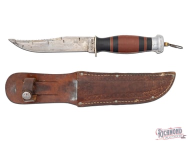 Rare Early Kinfolks KIN-FOE Fixed Blade Fisherman's Knife w/ Leather Sheath