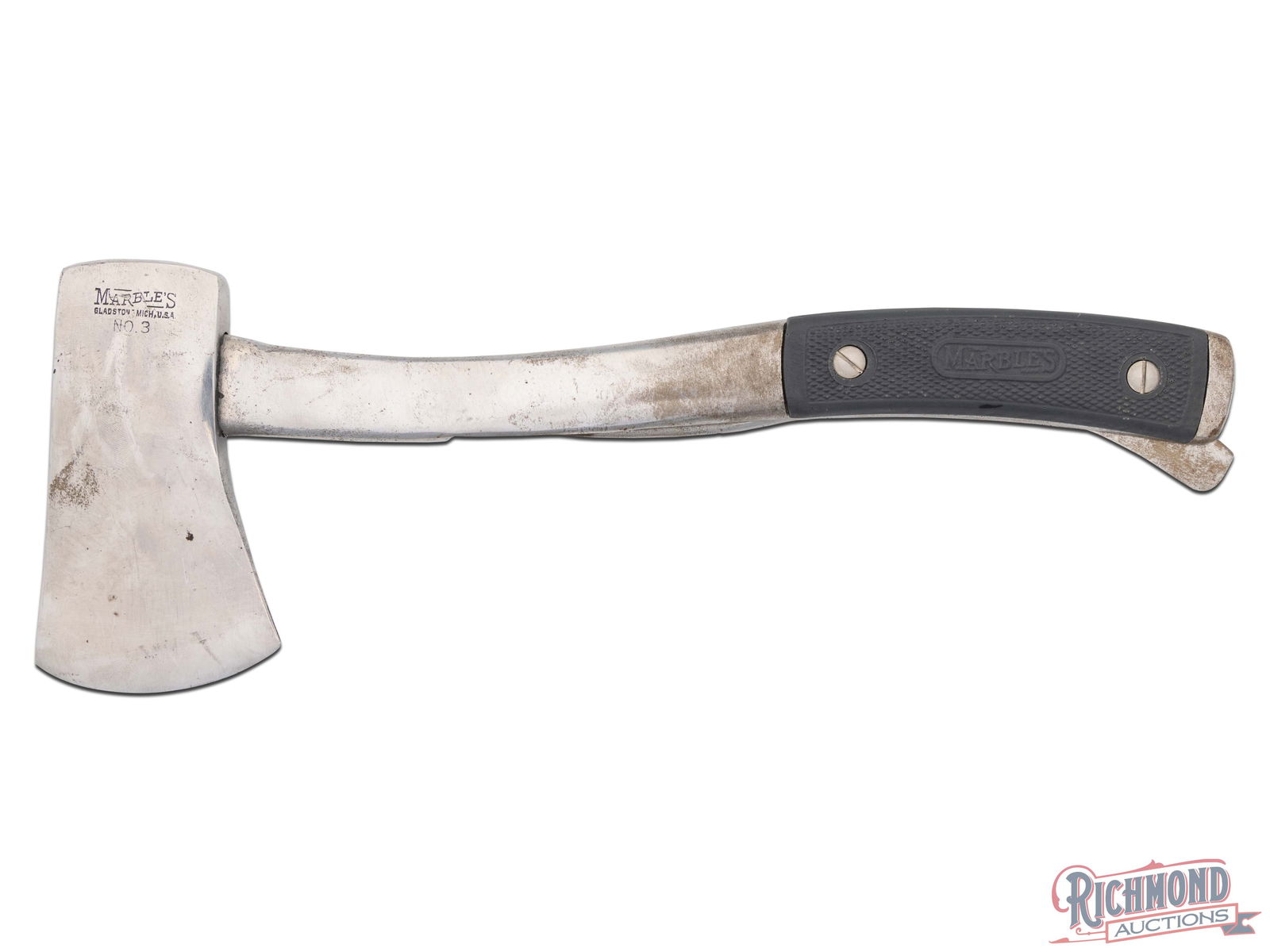 Early 1898 Patent Date Marble's No. 3 Safety Axe Hatchet: Manufactured by Marble's in Gladstone, Michigan. Patent date stamped on the hinged safety cover "MARBLE ARMS & MFG. CO / GLADSTONE, MICH U.S.A. PAT'D 1898". Measures 11-1/2" in overall length. Blade i