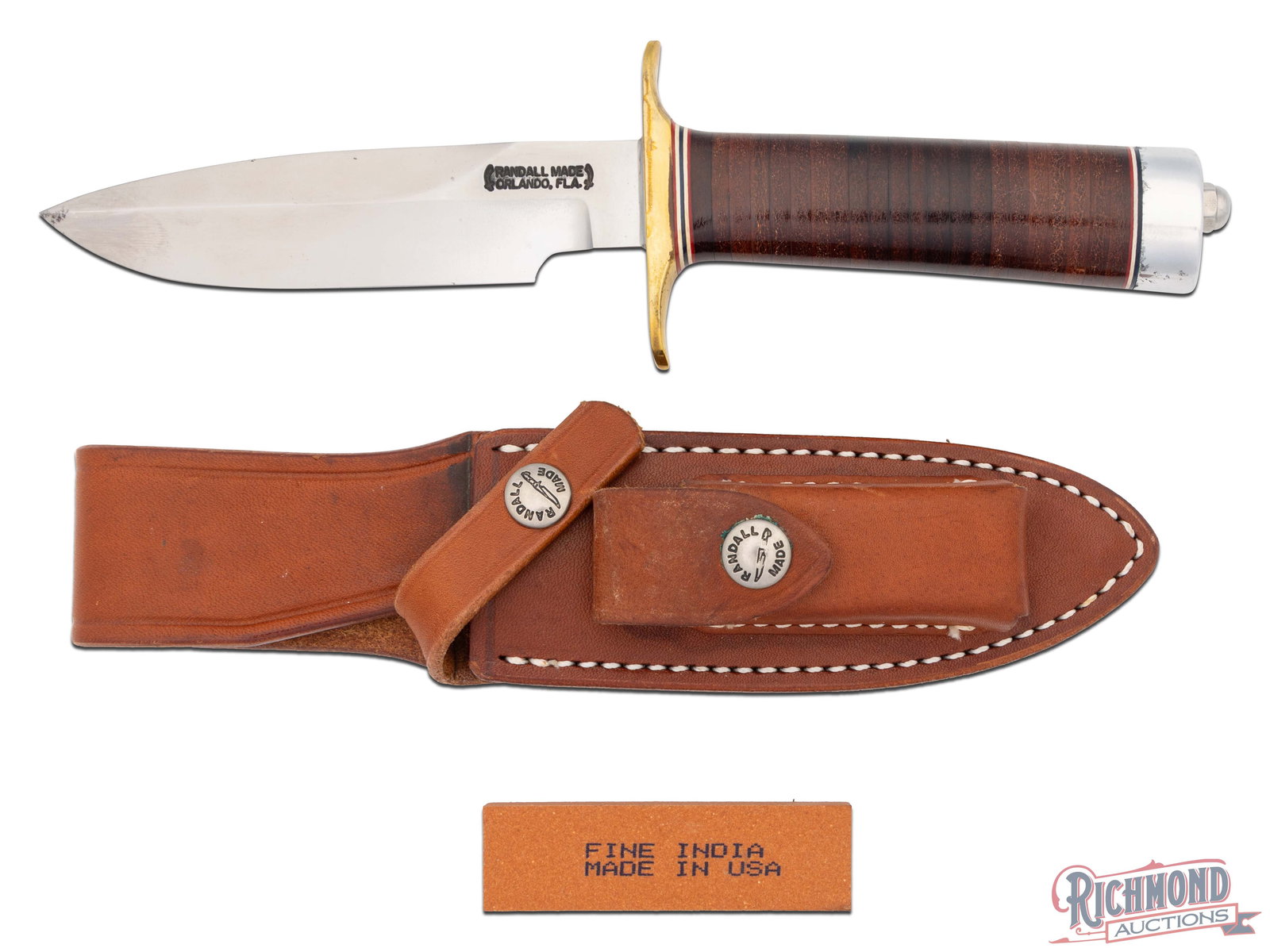 Randall Made 5" Combat Companion Knife w/ Leather Sheath Custom for Sergeant Major Cooper: Manufactured by Randall Made in Orlando, FL. Features a 5" blade of 1/4" stock with approximately 2" of the top edge sharpened. Custom engraved on the back "SGM K.O. COOPER / KOREA - VIETNAM". Double 