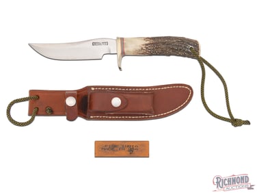 Randall Made Model 7 Fisherman Hunter Fixed Blade Knife w/ Stag Handle & Leather Sheath