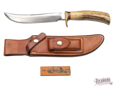 Early Randall Made Model 3 Hunter 7" Fixed Blade Knife w/ Stag Handle & Sheath