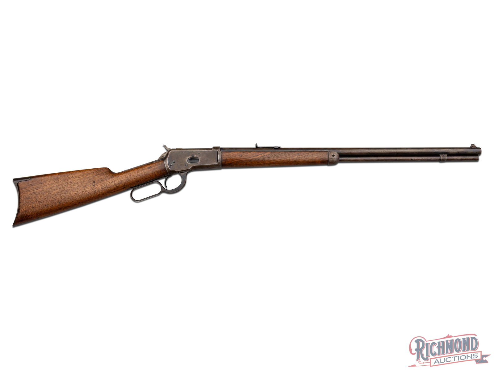 Winchester Model 1892 Lever Action Rifle in 25-20 Repeater Caliber with Mail Order Proof: Made by Winchester Repeating Arms Company in 1901. Gun has blued Winchester steel 24" round barrel with Lyman front and Marbles rear adjustable sight. Barrel is marked with Winchester two line address