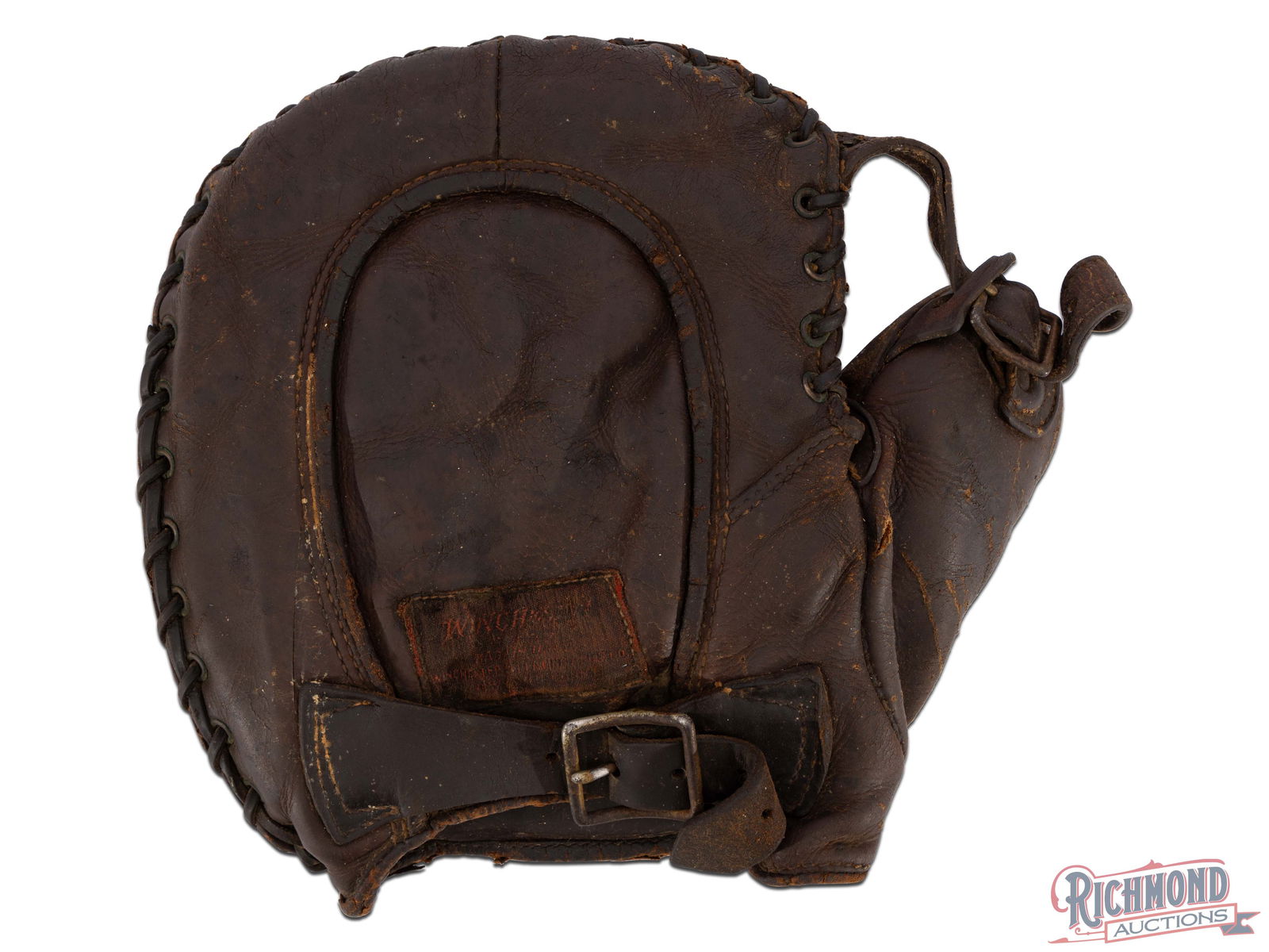 1920's Winchester Baseball Catcher's Mitt 2101 Calfskin Leather Right Handed: Made by Winchester circa 1920's. Appears to be a model 2101 catcher's mitt made of calfskin leather throughout. Leather welted seams and leather lacing. Right handed glove with leather buckle strap. W