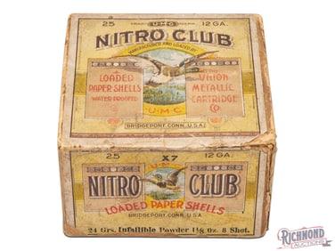 Empty 25 Round Union Metallic Cartridge Company 12 Gauge Two Piece Nitro Club Shotgun Shell Box