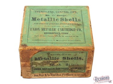 Empty 25 Round Two Piece Box of Union Metallic Cartridge Company Berdan Primed Brass Shotshells