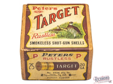 Empty 25 Round Peters Cartridge Company 20 Gauge Two Piece Target Shotgun Shell Box