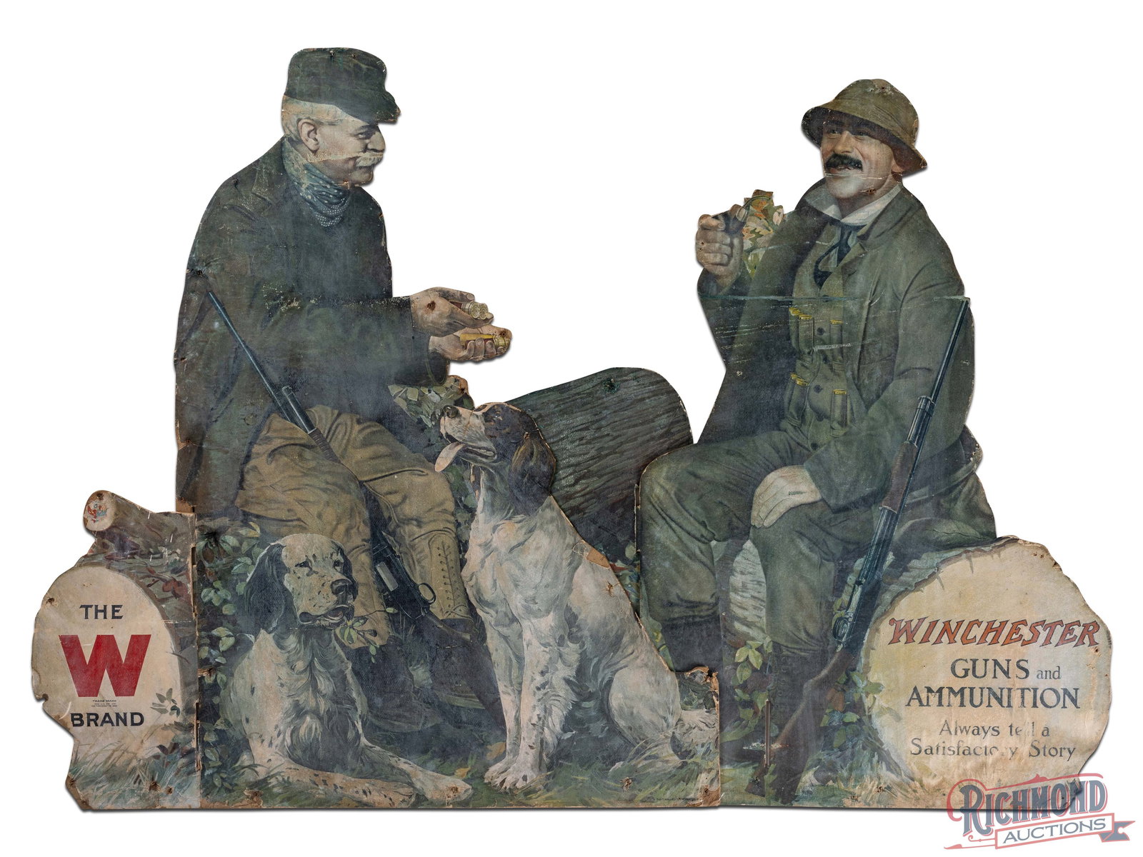 Winchester Guns and Ammunition "Always tell a Satisfactory Story" 3D Advertising Display Sign: Die cut cardboard display sign has moderate color. The display presents with general age related wear with fading, bends, tears, areas of loss, and non-factory holes. Marked Copyright, Winchester Repe