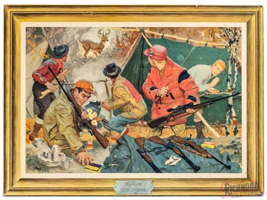 1954 Winchester Western Cardboard Easel Back Display Sign w/ Hunt Scene