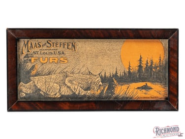 Mass and Steffen Furs St. Louis Framed Lithograph Advertising Sign w/ Bobcat