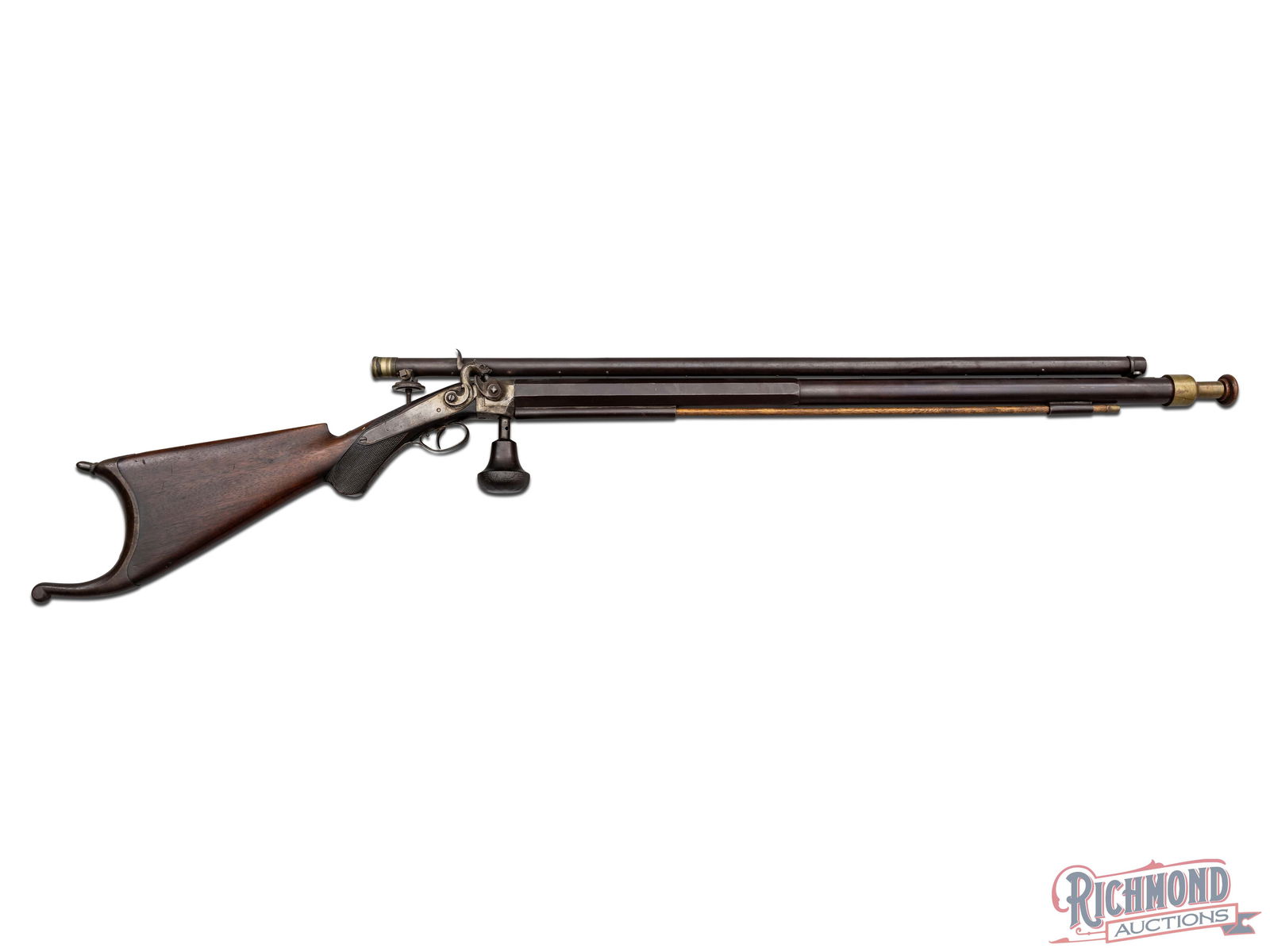 Rare Burnside Rifle Company Muzzleloading Percussion Schuetzen Rifle in 38 Caliber: Made in Providence, Rhode Island by The Burnside Rifle Company, circa 1860. Rifle measures 50" overall with a 28" octagon to round 38 caliber rifled barrel is fitted with a brass bullet starter and ha