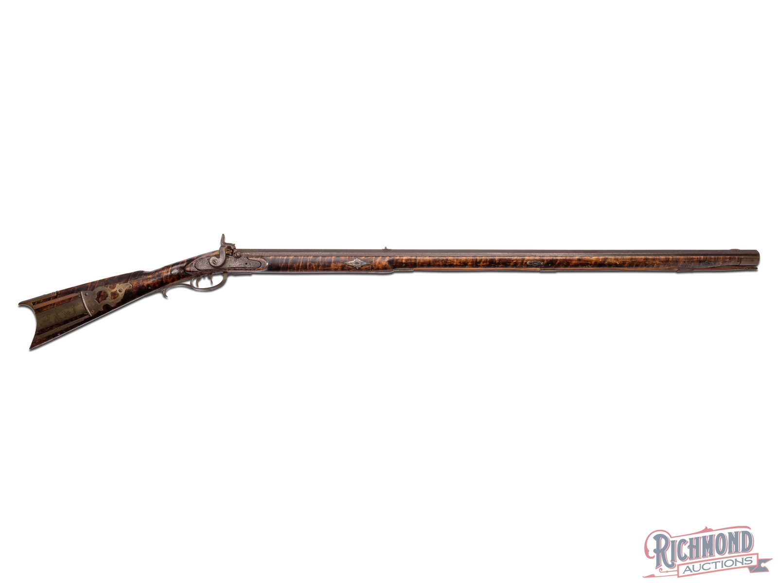 Fullstock Percussion Kentucky Rifle Attributed to Nicholas Shennefelt: Unusual percussion Kentucky rifle attributed to Nicholas Shennefelt of Huntingdon County, PA. and later of Clarion County, PA., circa 1840. This rifle measures 56" overall with a 40" octagon rifled ba