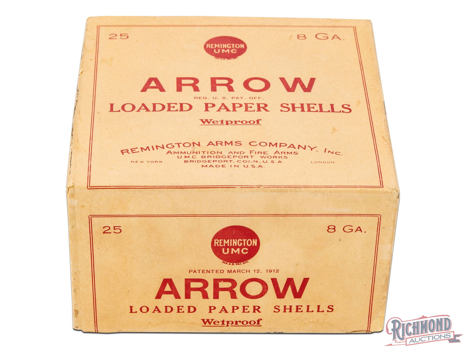 Sealed Remington UMC Arrow Loaded Paper Shells 8 Ga Two Piece Box: Sealed on one end, this is a full box of Remington-UMC Arrow Loaded Paper shells in 8 ga. Load is 5 1/2 Drs. DuPont 1 3/4 oz. No. 4 Chill. The shells have been Wetproof. Overall condition is Excellent