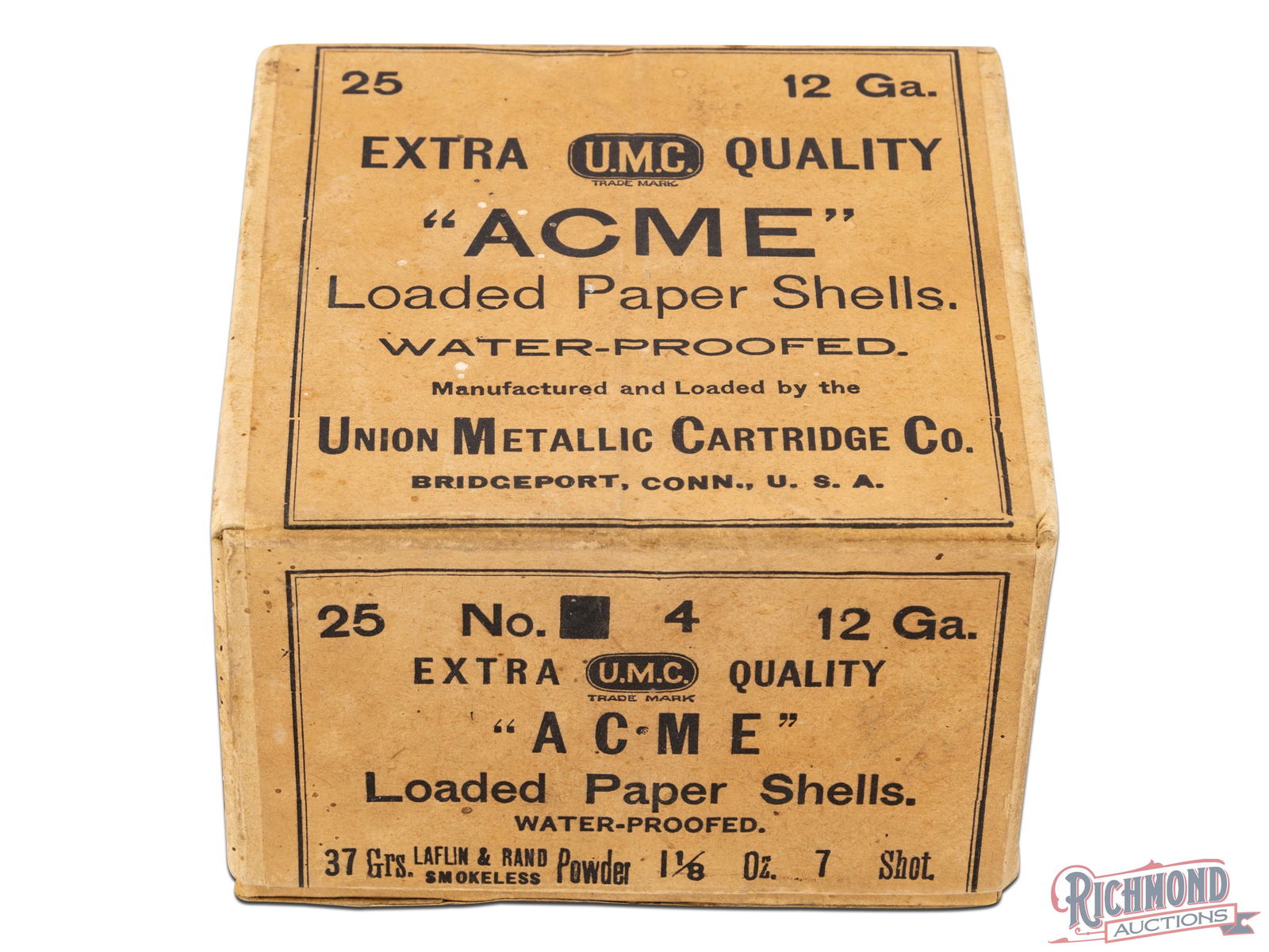 Union Metallic Cartridge Co UMC Acme Extra Quality Loaded Paper Shells 12 Ga Two Piece Box: This box has the 25 shells, that have been fired and now primed but not loaded. The "Acme" box by UMC is a scarce box. These Extra Quality shells are Water-Proofed were loaded with 37 Grains of Laflin