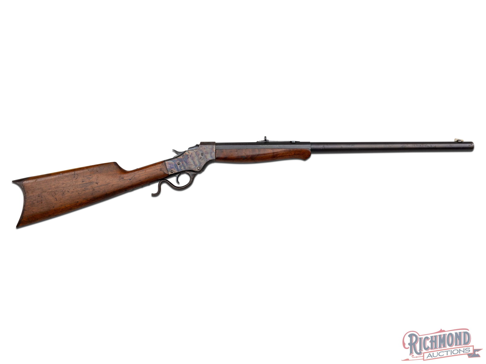 Nice J. Stevens Model 44-1/2 .22 LR Falling Block Single Shot Rifle: Manufactured by J. Stevens in the early 1900's. This rifle features a 24" blued half octagon/half number 2 weight barrel. Rear semi buckhorn adjustable sight and blade front. Case hardened falling blo