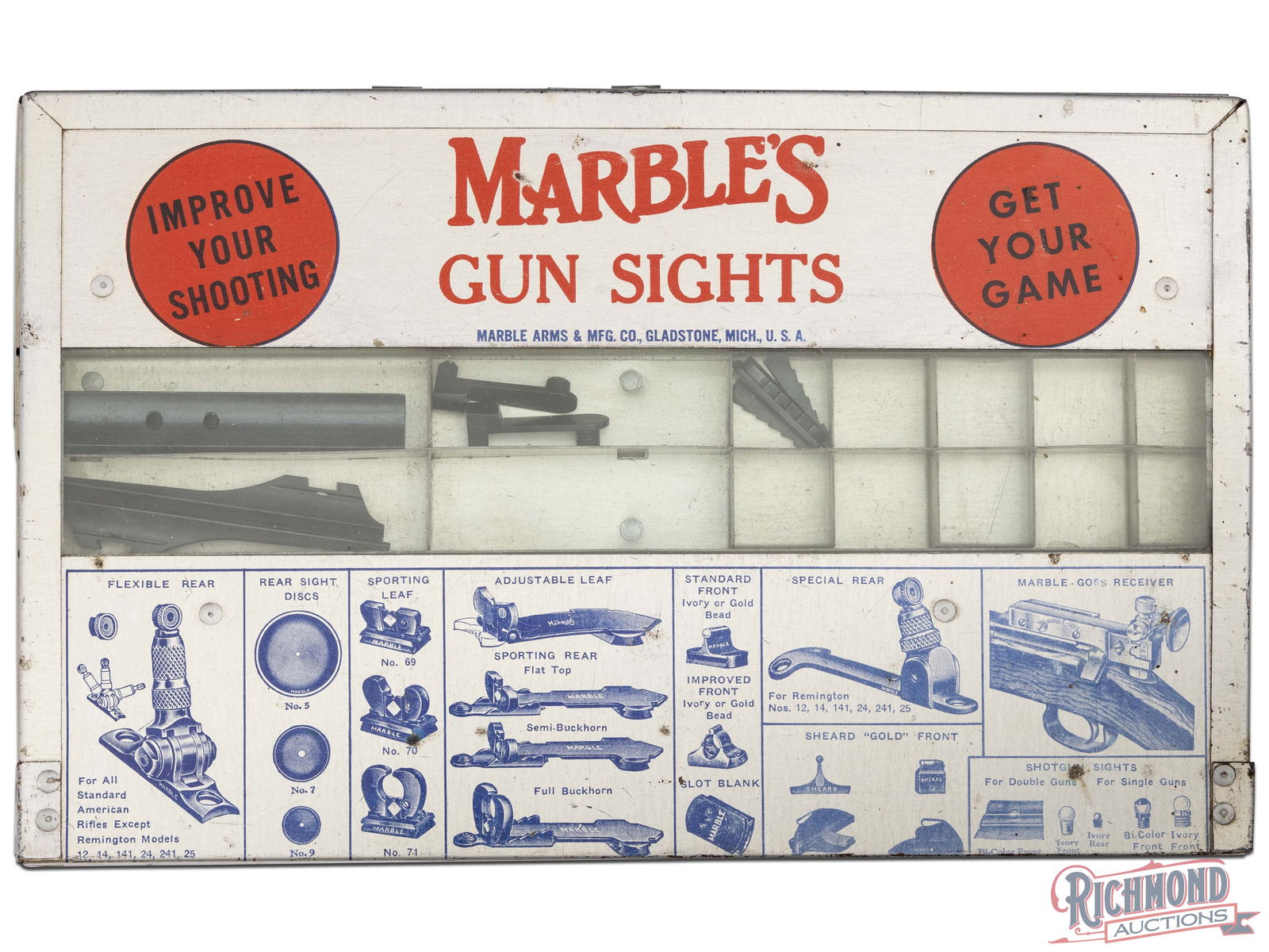 Vintage Marble's Arms & MFG. Company Store Sight Kit: Made by Marble's Arms & MFG Co. of Gladstone, Michigan, U.S.A. and for use in Gun Stores to advertise and distribute Marble's made gun sights. Case is a steel 12" x 7-1/2" folding lid compartment case