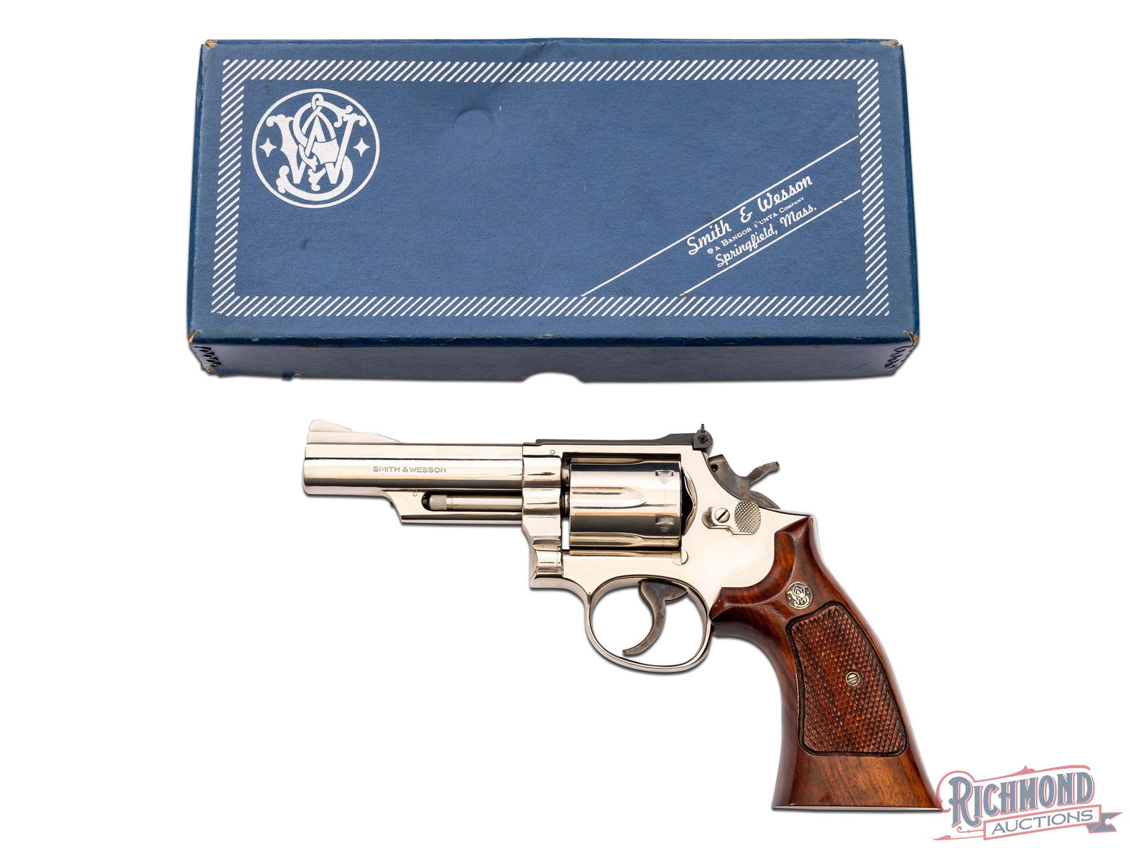 1979 Smith & Wesson 19-4 Combat Magnum .357 MAG Nickel Double Action Revolver: Manufactured by Smith & Wesson in 1979. This revolver features a 4" pinned and recessed barrel with rear micrometer adjustable notch sight and ramp front. Single / double action on the square butt K-f