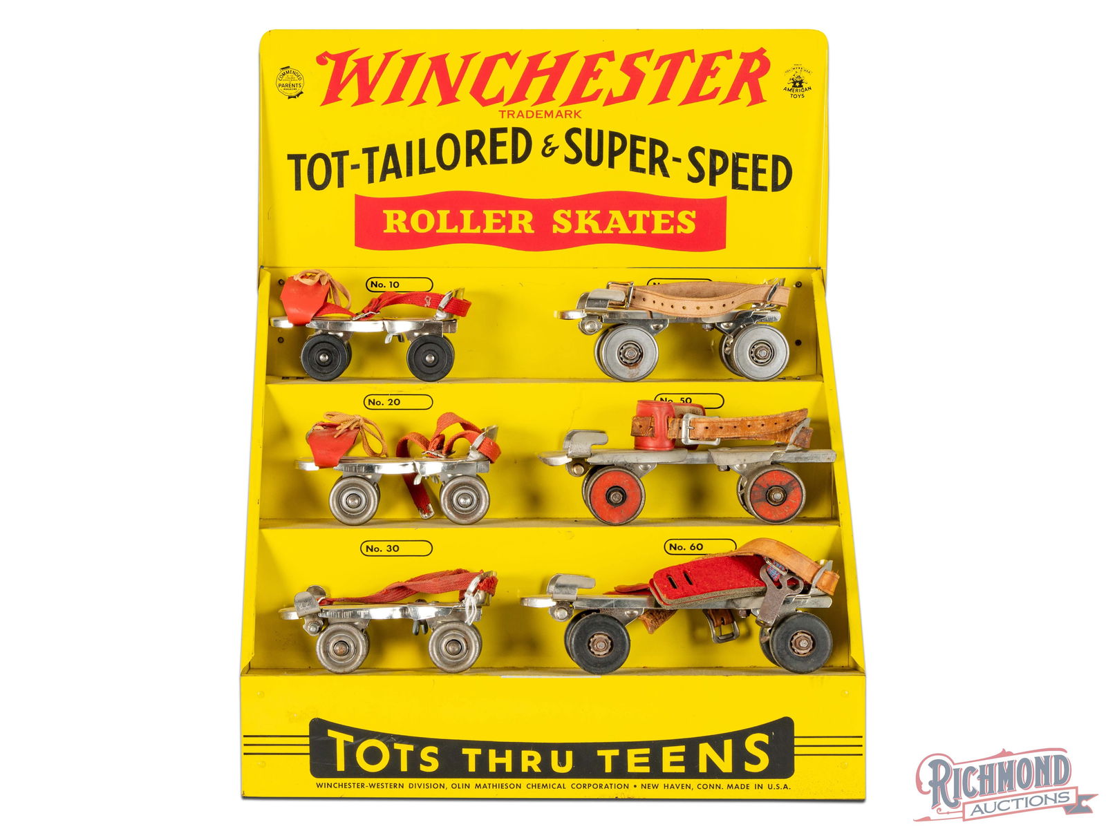 Complete 1950's Winchester Roller Skates Retailer Tin Display "Tots Thru Teens": This eye catching Winchester trademark is a three tiered tin display for retailers to advertise the "Tots Thru Teens" roller skates. Bright yellow display with red Winchester trademark on the top pane