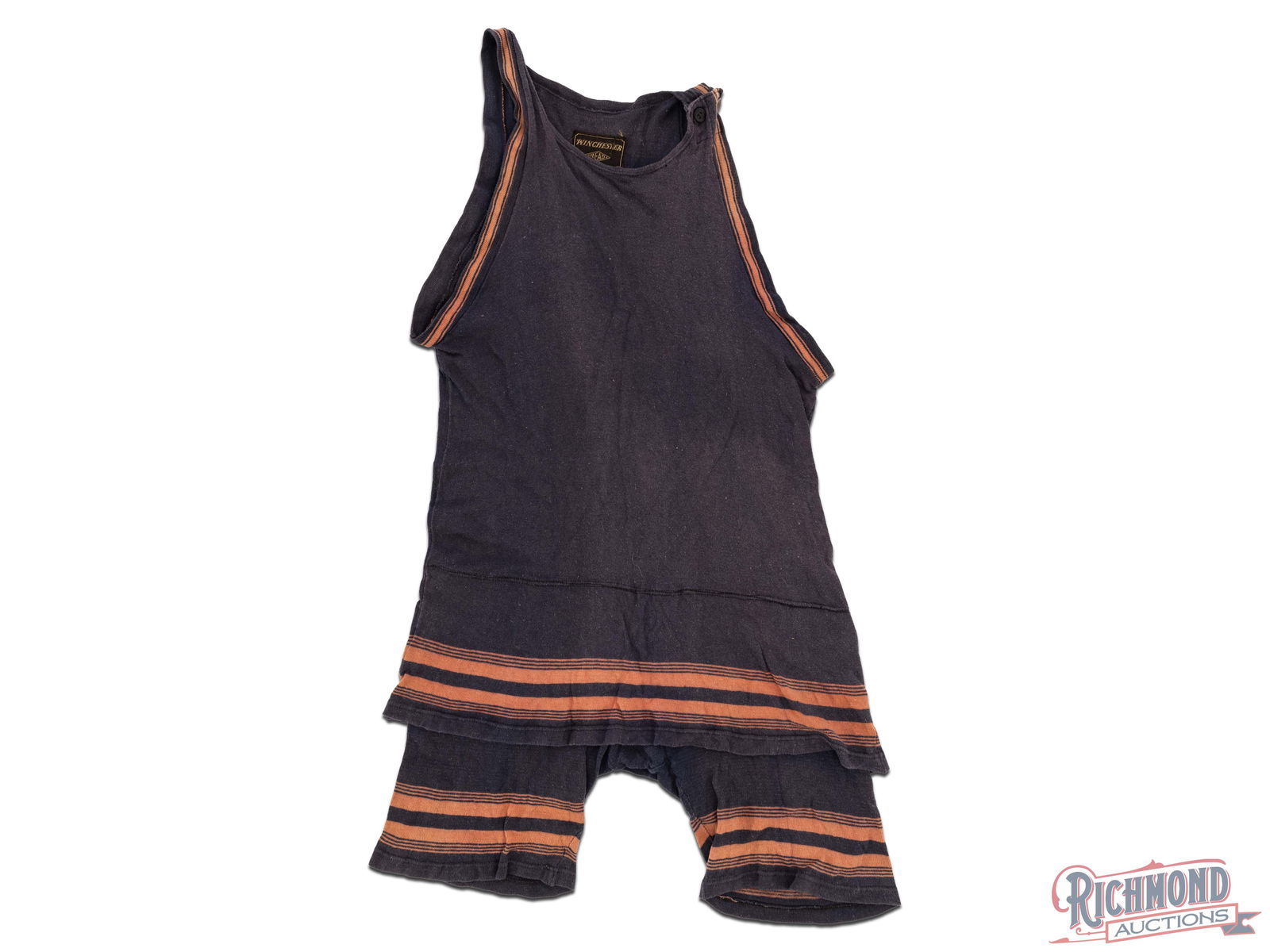 1920's Winchester Women's One Piece Bathing Suit with 1923 Winchester Brochure Tide Table: 1920's ladies Winchester one piece bathing suit. Navy blue with pink stripes. Nylon interior tag reads "WINCHESTER / READ / BOSTON". Two button sleeveless, thigh length shorts with faux skirt. Include