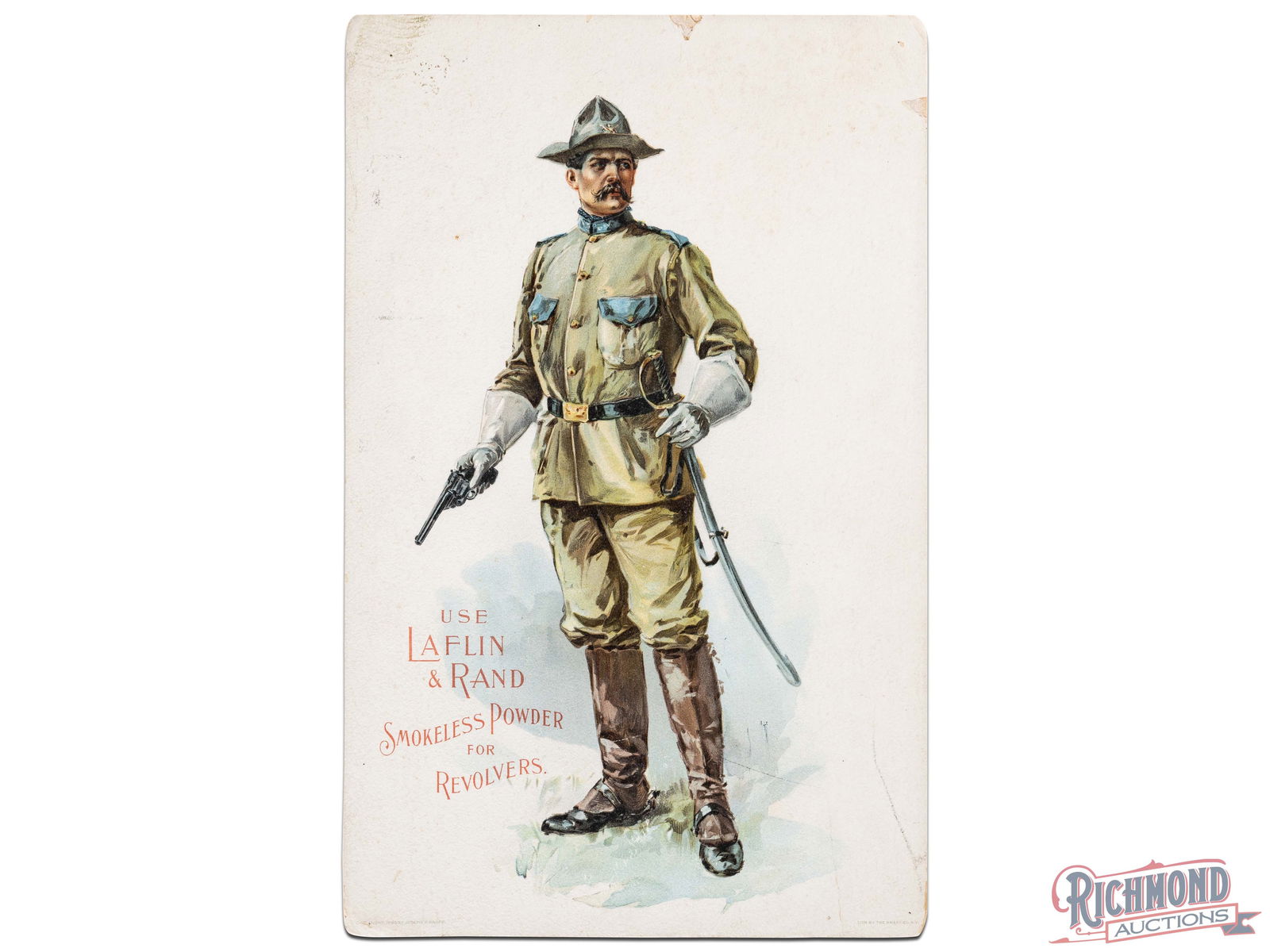 Laflin & Rand Powder Co. Smokeless Powder for Revolvers Advertising Display Sign: Single sided cardboard sign has good color. The field exhibits light wear and the perimeter has a vertical bend with marks on the lower right corner. The outer edges have wear with chips along the upp