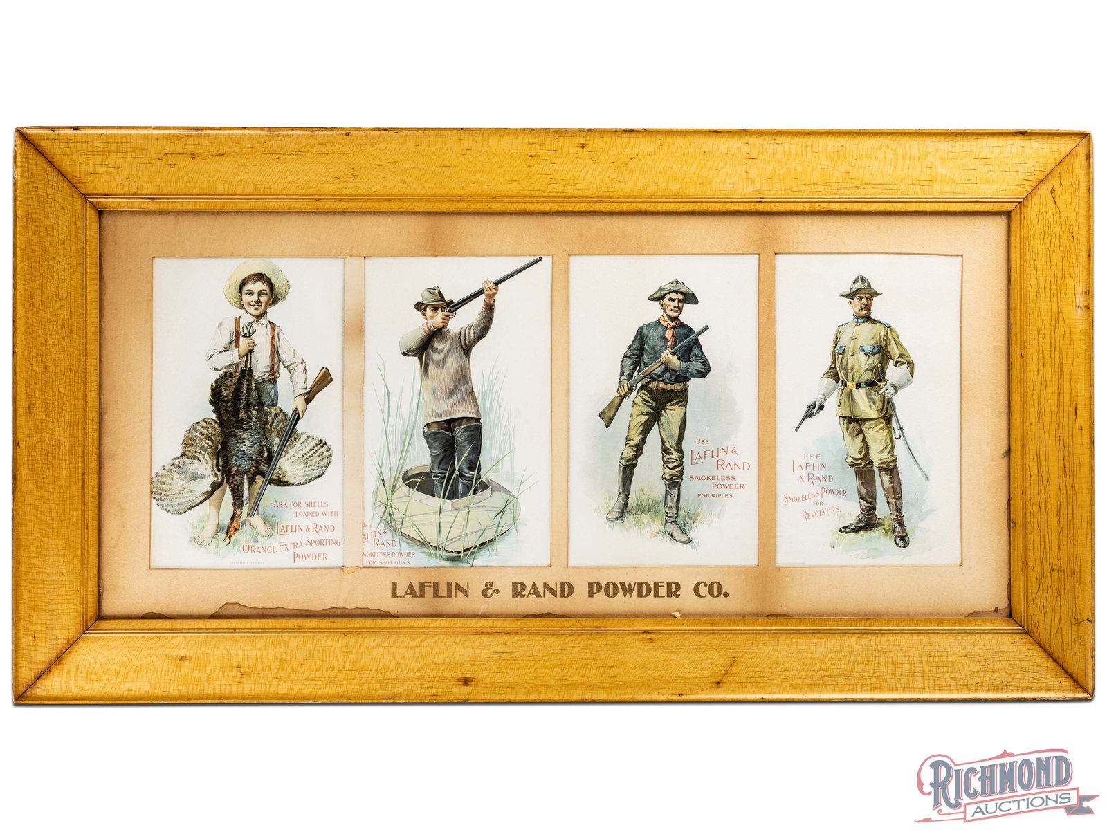 Laflin & Rand Powder Co. Framed Four Panel Advertising Display Sign: Outstanding four panel cardboard Laflin & Rand Powder Company sign with factory mat and maple frame. The panels each feature colorful graphics with unique scenes showcasing the company's products. Eac