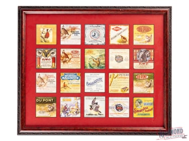 Group of 20 Framed Shot Shell Box Inserts & Labels Dupont Powder UMC Hercules Western