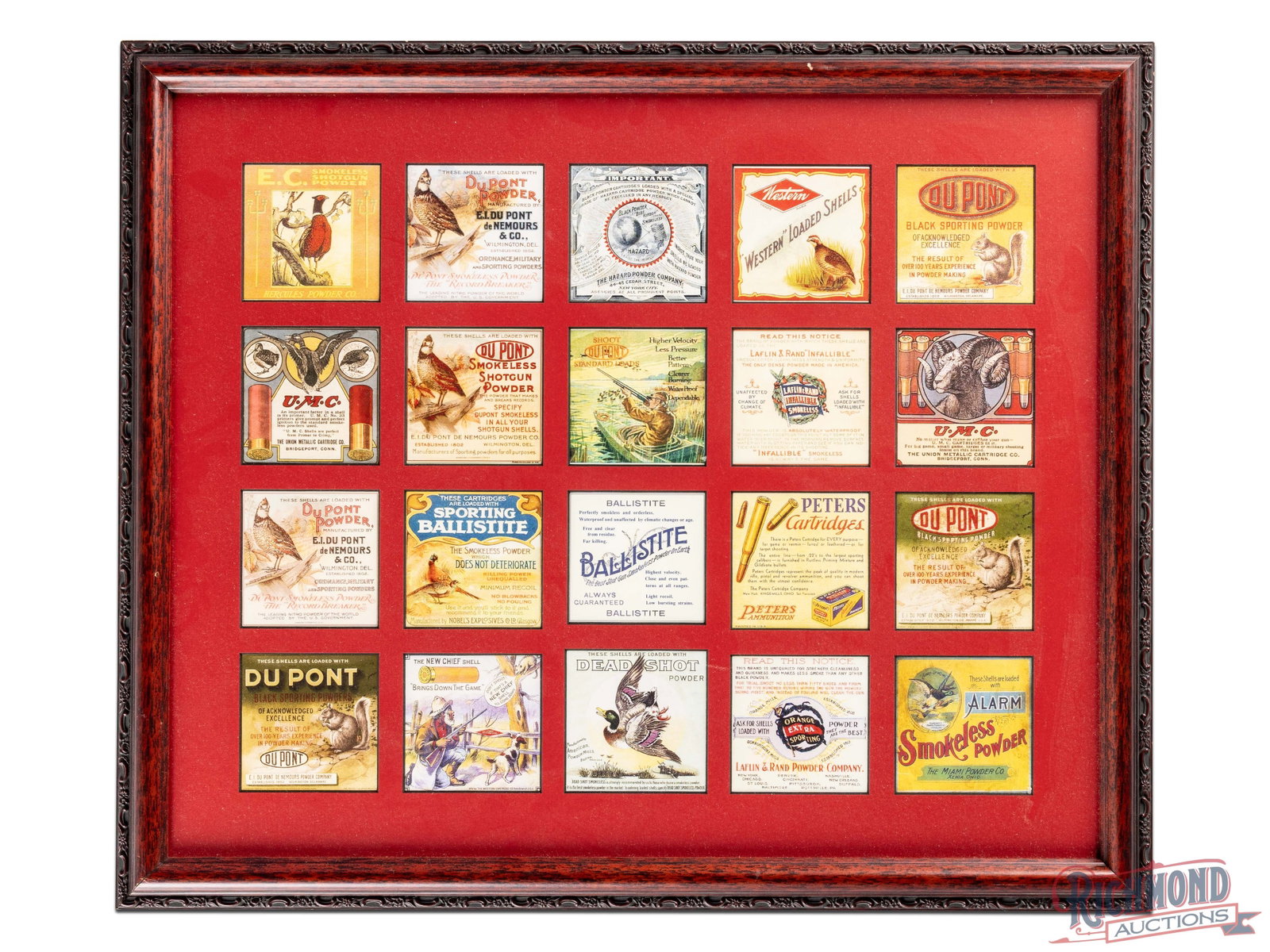 Group of 20 Framed Shot Shell Box Inserts & Labels Dupont Powder UMC Hercules Western: Group of twenty shell box inserts and labels that have been professionally matted and framed. The labels are in excellent condition with bright colors and unique graphics. The mat and frame are in exc