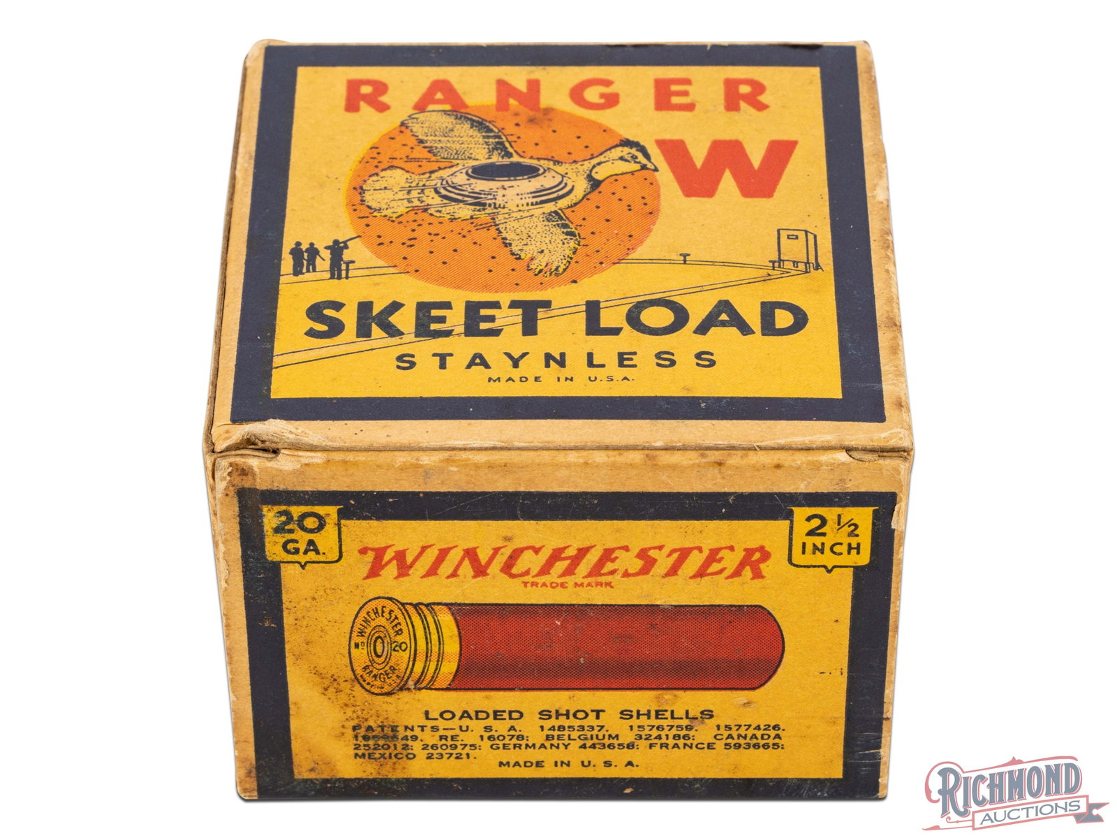 Full Winchester Ranger Skeet Load Staynless with Quail and Target 20 Ga One Piece Box: This is a full Winchester "Ranger" 20 ga 2 1/2 inch Skeet Load box. The unusual part is the front and back having Ranger in bold red writing but not Winchester, Winchester is located on both sides and