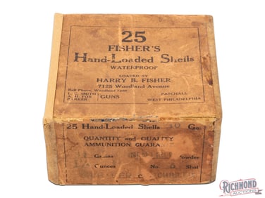 Empty 25 Round 10 Gauge Hand Loads Two Piece Shotshell Box by Fisher's of Philadelphia, Pennsylvania