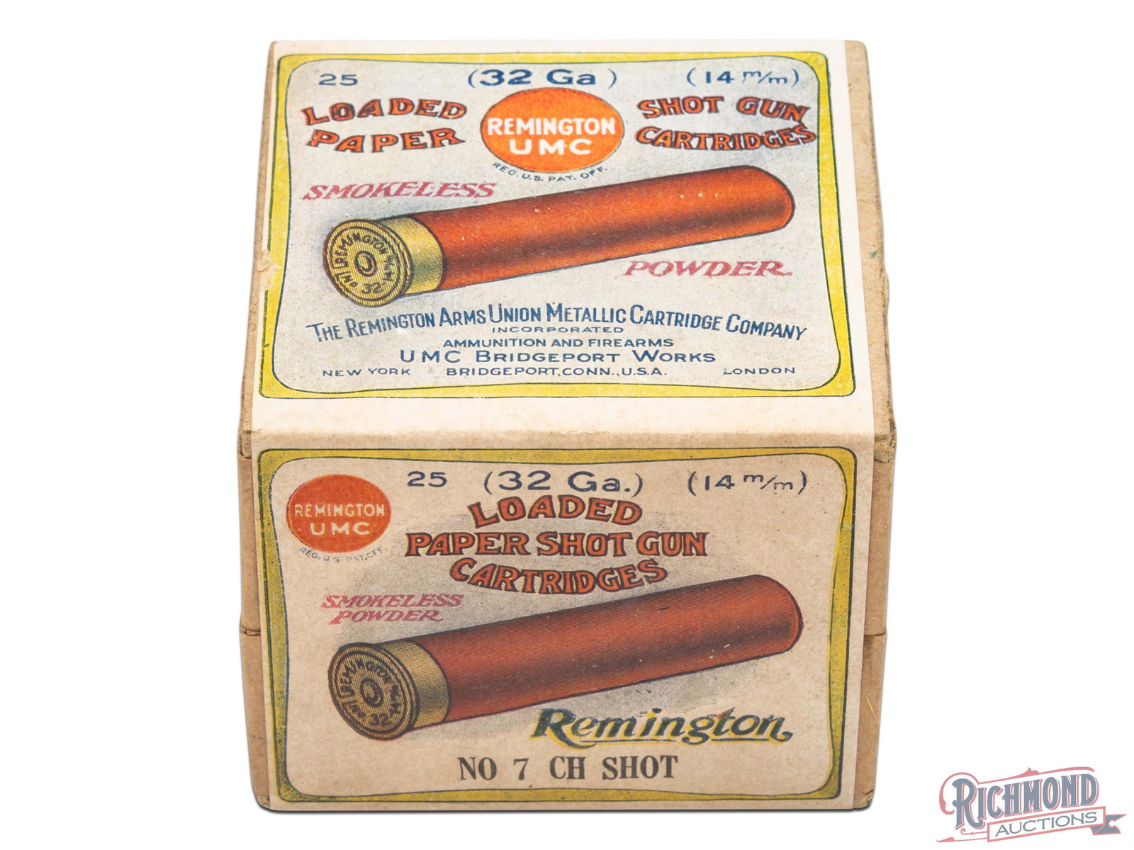 Sealed Factory Full 25 Round Remington UMC 32 Gauge (14mm) Two Piece Shotgun Shell Box: Made by Remington-UMC Company of Bridgeport, Connecticut. Lot features a factory sealed full 25 round 32 Gauge (14mm) two piece box of "LOADED PAPER SHOT GUN CARTRIDGES" shotgun shells with tan/yellow