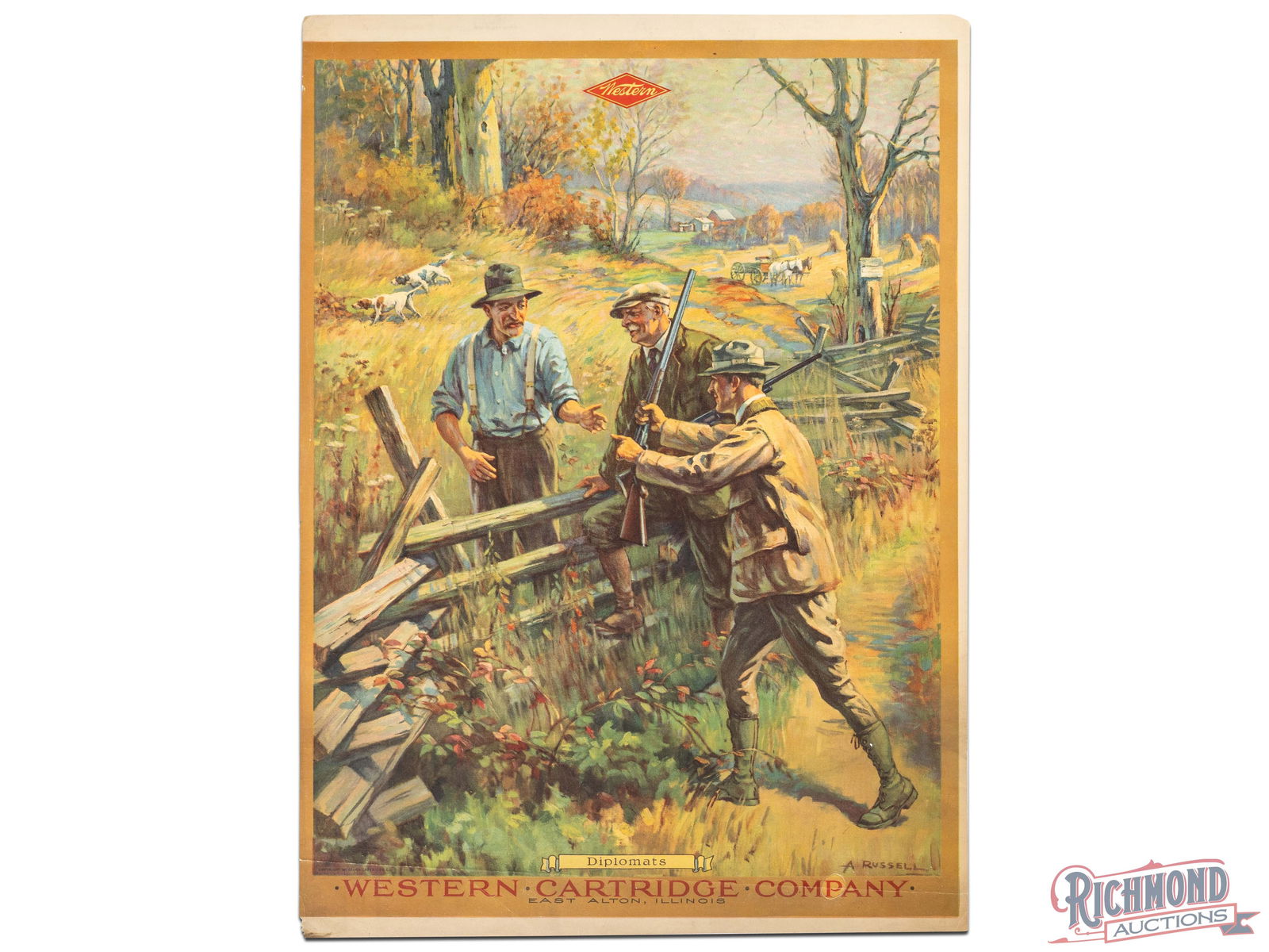 Western Cartridge Company "Diplomats" Advertising Display Sign A. Russell: Single sided paper advertising sign has excellent color. The field is clean. The lower outer field has a horizontal bend that runs left to right through the lower lettering. The perimeter has light we