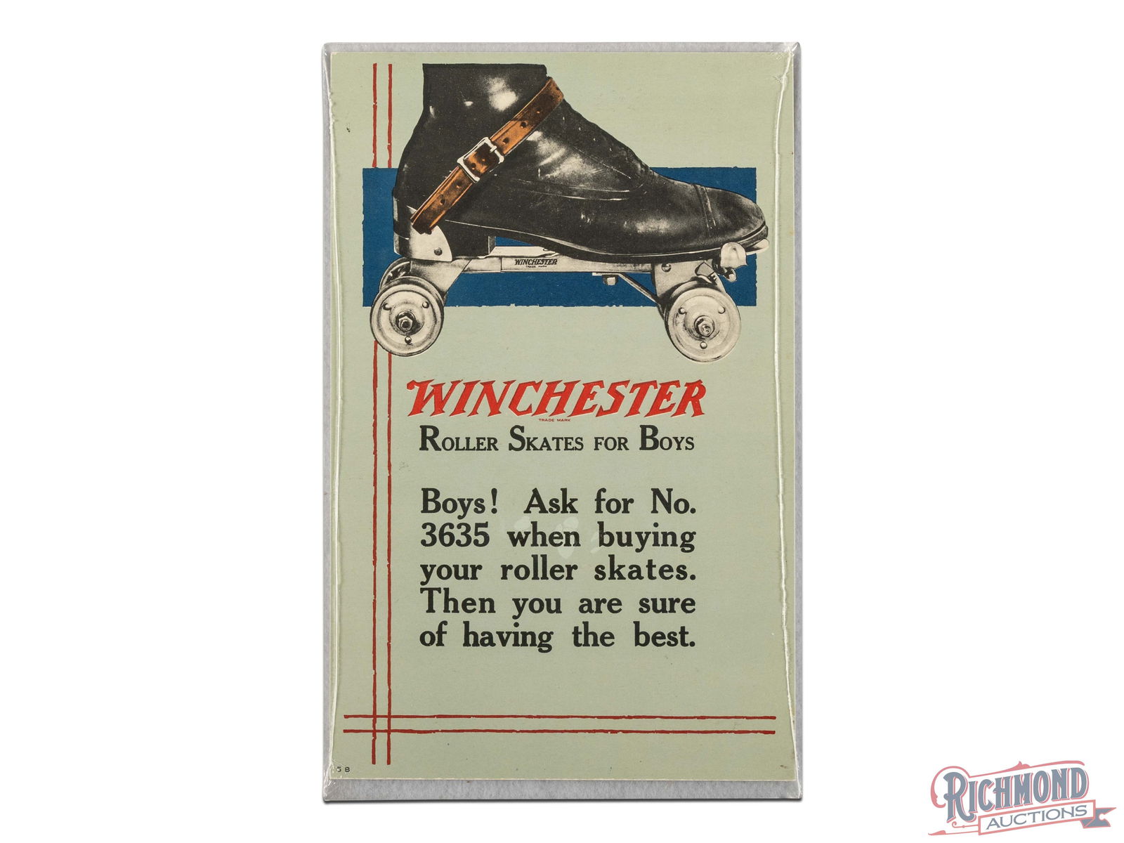 1920's Winchester Two-Sided Retail Counter Sign Roller Skates & Scissors and Shears: Winchester double sided counter top cardboard sign. Measures 11" x 7". One side is a display of a boys roller skate with a black and red print "WINCHESTER ROLLER SKATES FOR BOYS" on field of mint. On