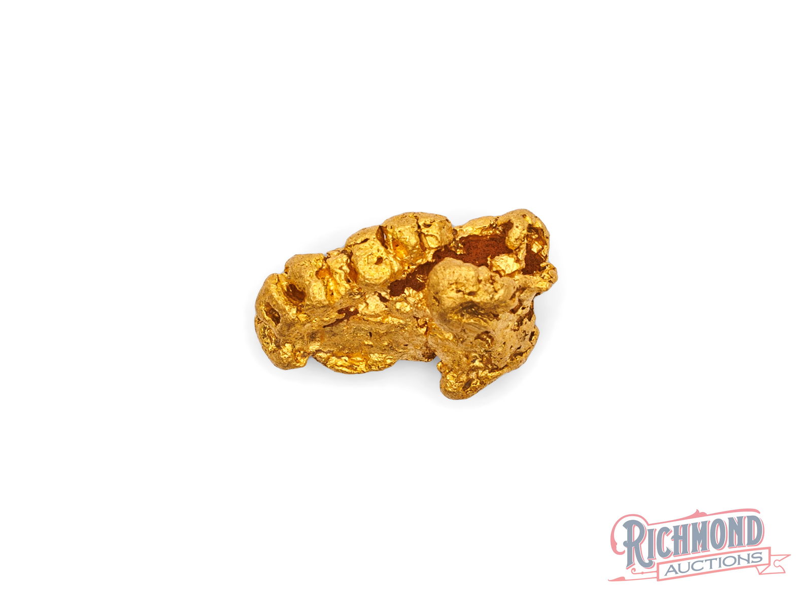 4g Natural Gold Nugget w/ Water Worn Crystal Structure: This nugget displays a fascinating surface texture where once-sharp gold crystals have been softened by water movement over time, now appearing as a row of small, bubble-like forms. These rounded impr