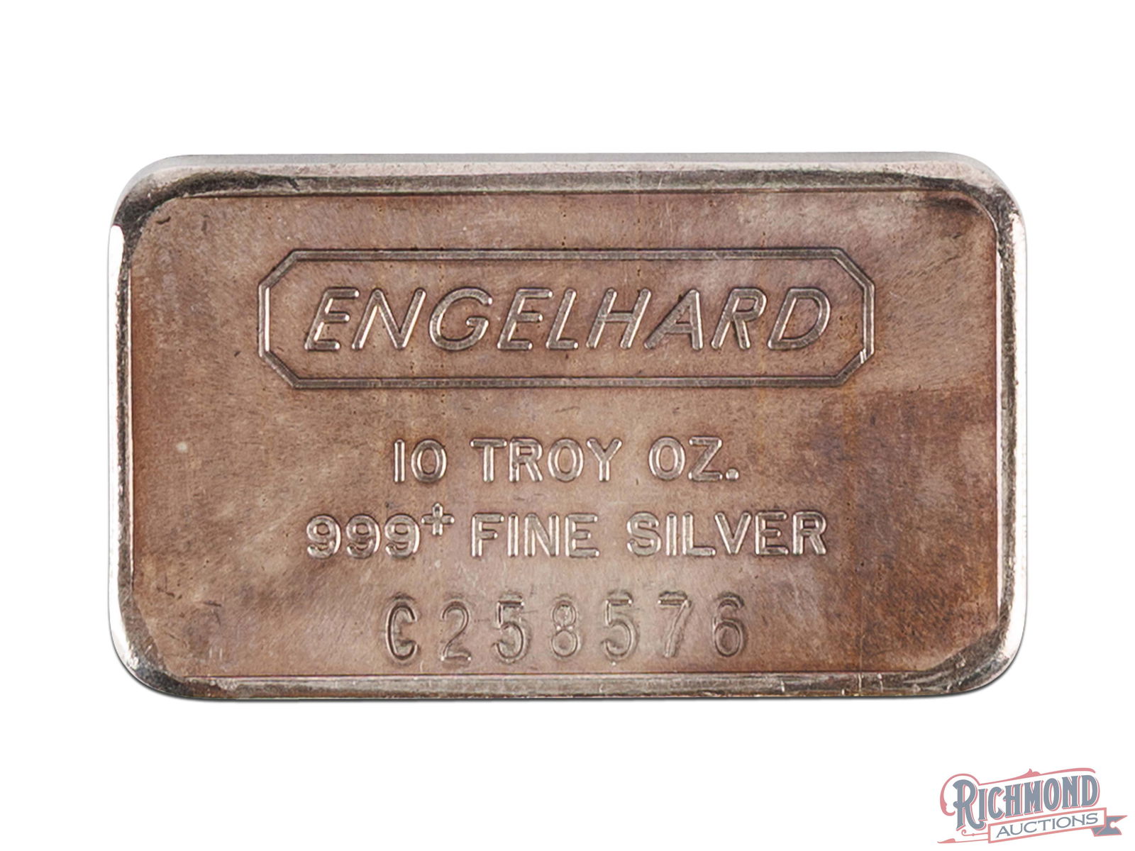 Engelhard 10 Troy Ounce Silver Bar from the C Series: This Engelhard Ten Oz Silver Bar comes from a mintage of 125,000. The Hallmark is located at the top, weight on the second line, purity of 999+ on the third line, and the C Serial Number a the very bo