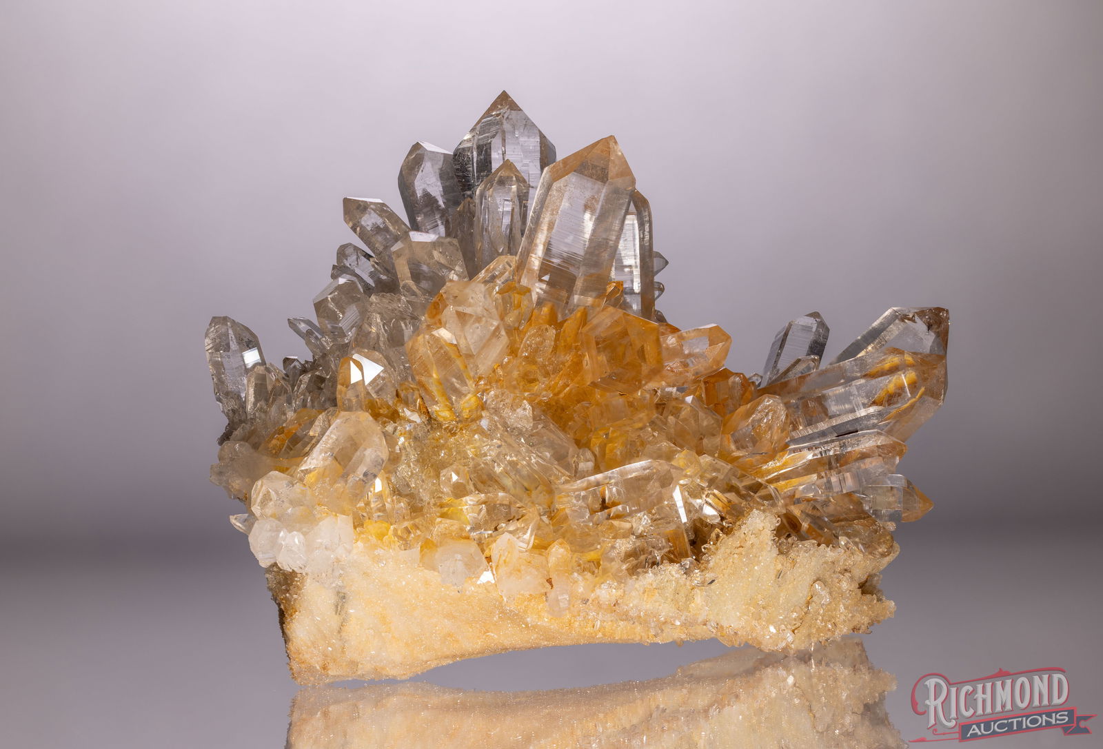 Large Tangerine Quartz: This remarkable large tangerine quartz cluster showcases abundant crystal growth with rich iron-oxide coloration and excellent natural luster throughout. Multiple well-formed points radiate outward, c