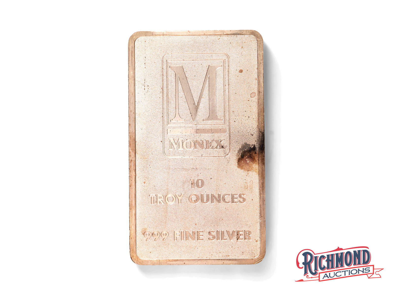Exceptional 10 Ounce Silver Monex Bar: In response to high demands for high quality silver products, Monex began producing their own silver bars. This example shows the hallmark at the top of the bar, with the weights and purity listed bel