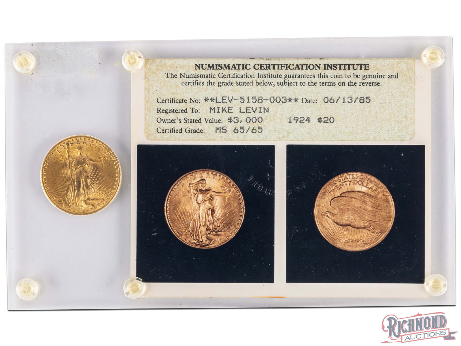 Very Interesting Numismatic Certification Institute 1924 Saint Gaudens, Graded MS-65: While the 1924 $20 Saint Gaudens Twenty Dollar gold piece is one of the most common dates, the retro certification holder may be where the true value lies here. There is a large group of collectors th