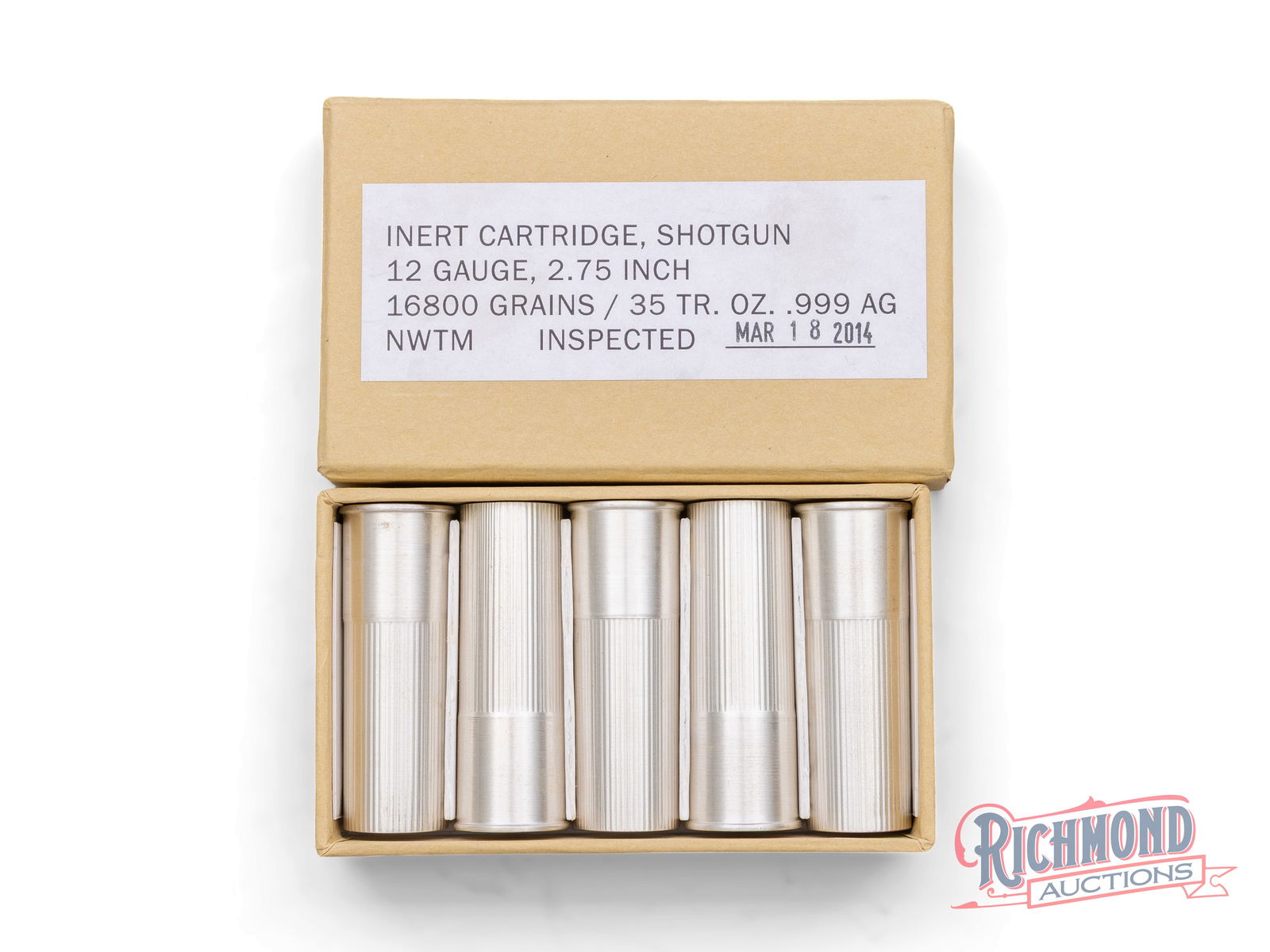 Rare 7 Ounce NWTM 12-Gauge Shotgun Shells, 0.999 Fine Silver Bullion: Here is a true collector item: an original box of five 7 ounce silver shotgun shells. First, this group of 35 ounces is housed in its original cardboard box with the original seal around it. Inside