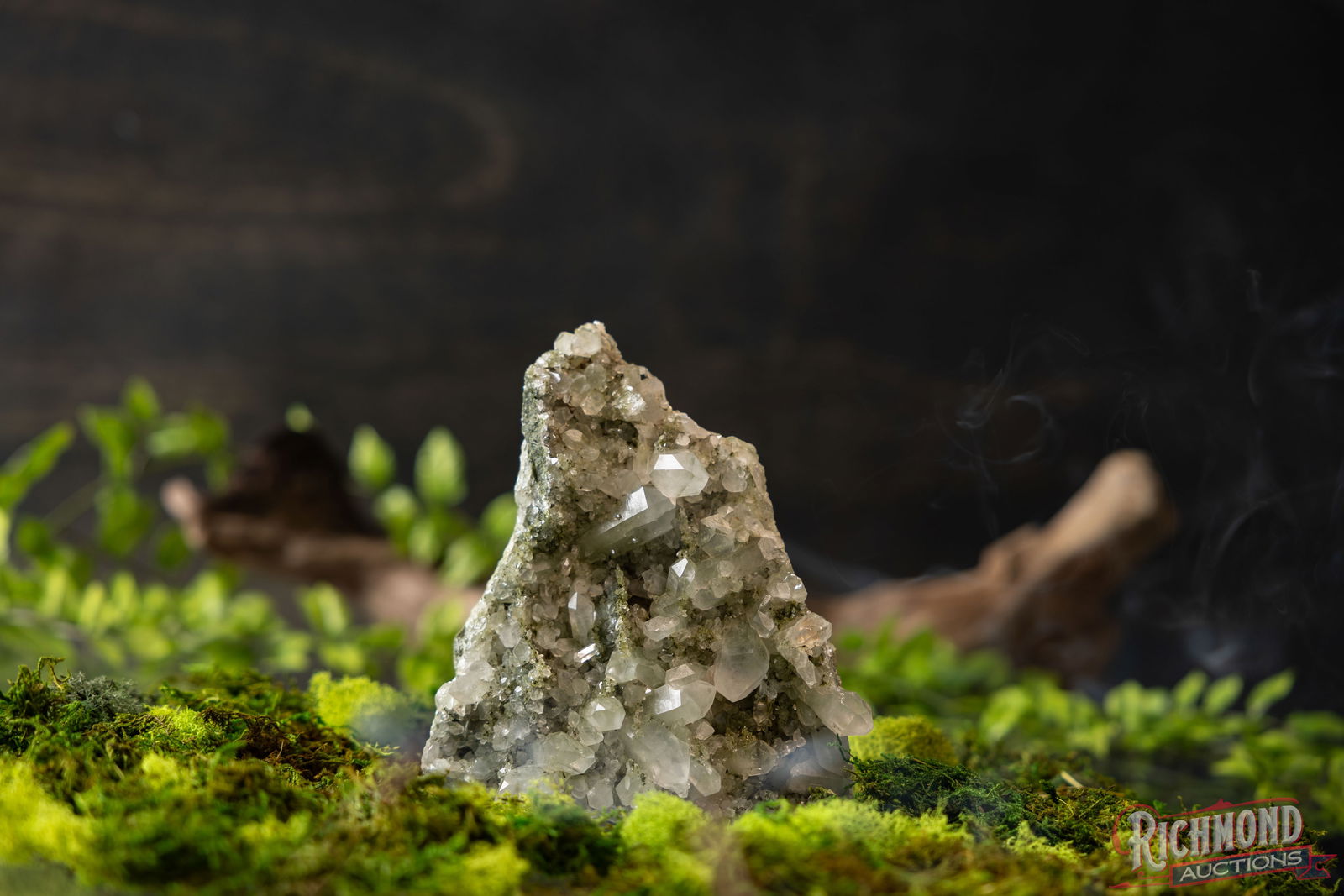 Epidote with Quartz Freeform Large Standing: This free-standing epidote cluster features prominent, clear quartz points emerging from a densely encrusted epidote matrix. With it's evoking an alpine silhouette, the quartz displays strong clarity