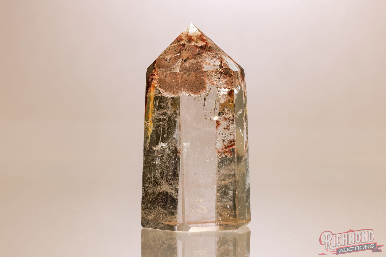 Quartz Tower with Garden Quartz & Golden Healer Inclusions: This free-standing quartz tower offers exceptional internal character, with multiple rainbows flashing across the front and through the core of the piece. Near the apex, subtle garden quartz inclusion