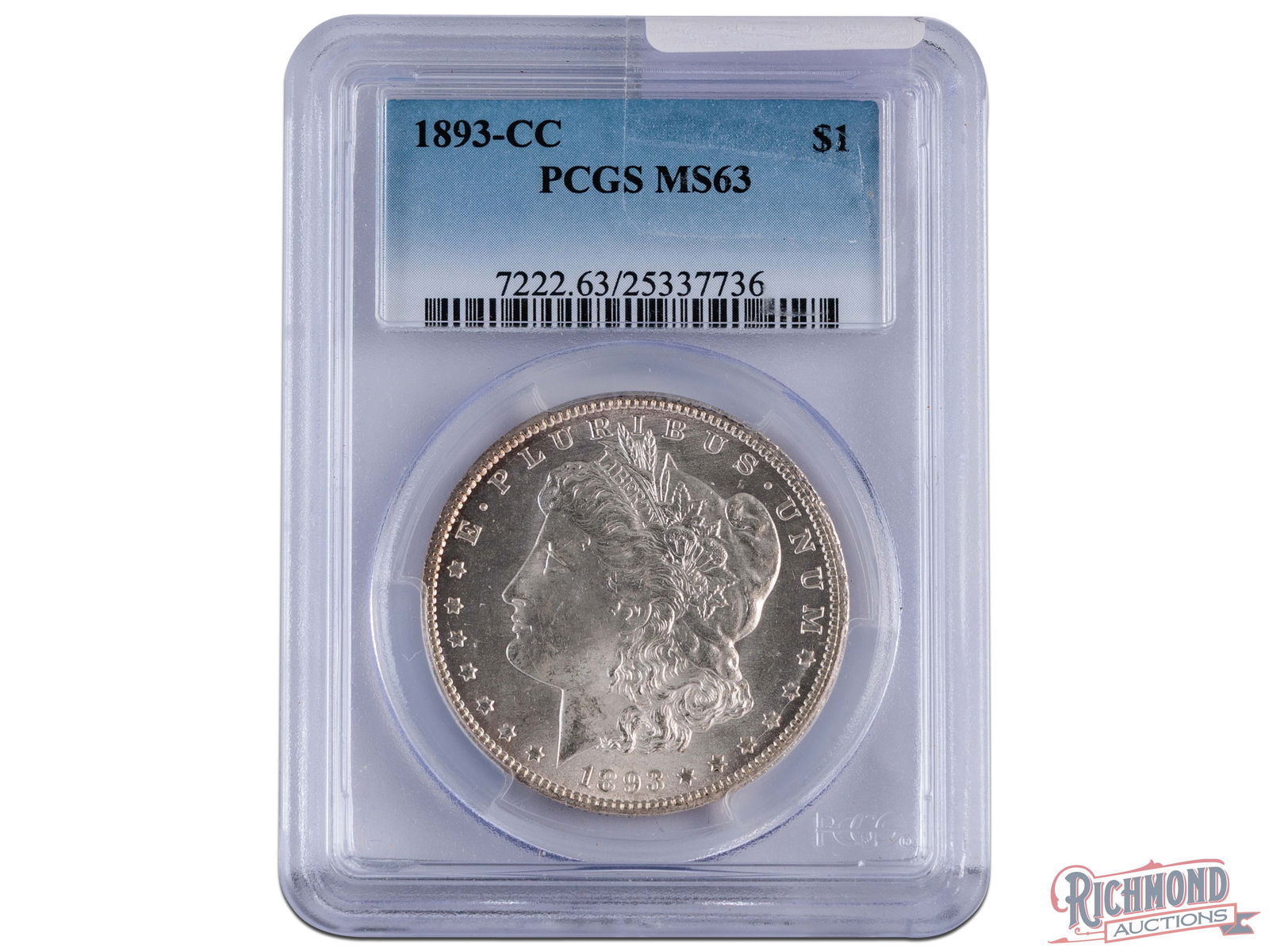 Conditional Rarity 1893-CC Morgan $1, PCGS MS-63: Rarely is this coin offered in such incredible condition. In the PCGS census, the highest graded 1893-CC $1 is MS-66. In that condition, you can expect to pay well over $200,000 in an auction setting.