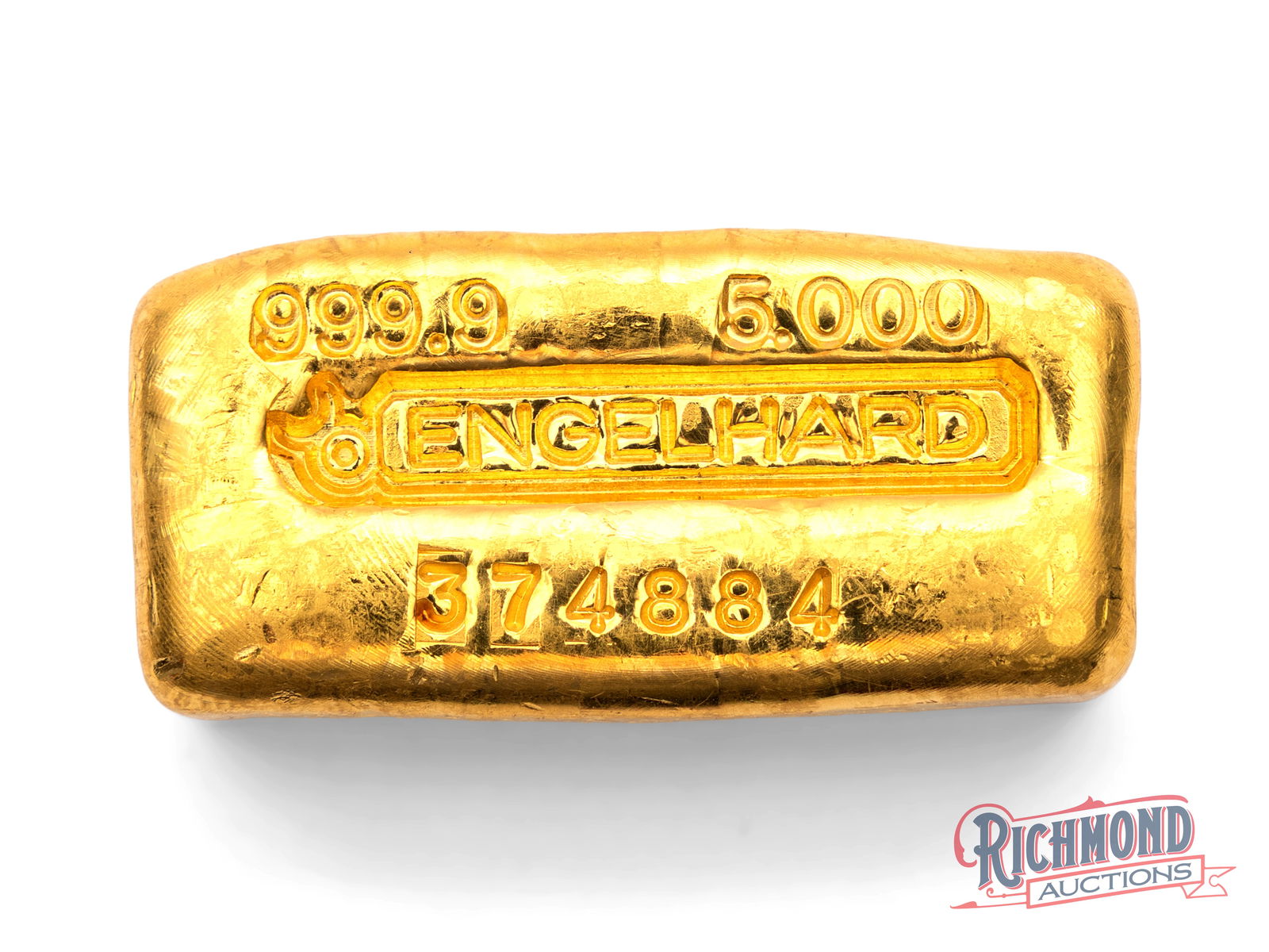 5 Ounce Gold Engelhard Bar with the Bull Hallmark: This unique five ounce gold bar features the iconic Engelhard gold bull hallmark. While it is referred to as the bull hallmark, the moon and circle shape symbol is actually the Alchemical symbol for p