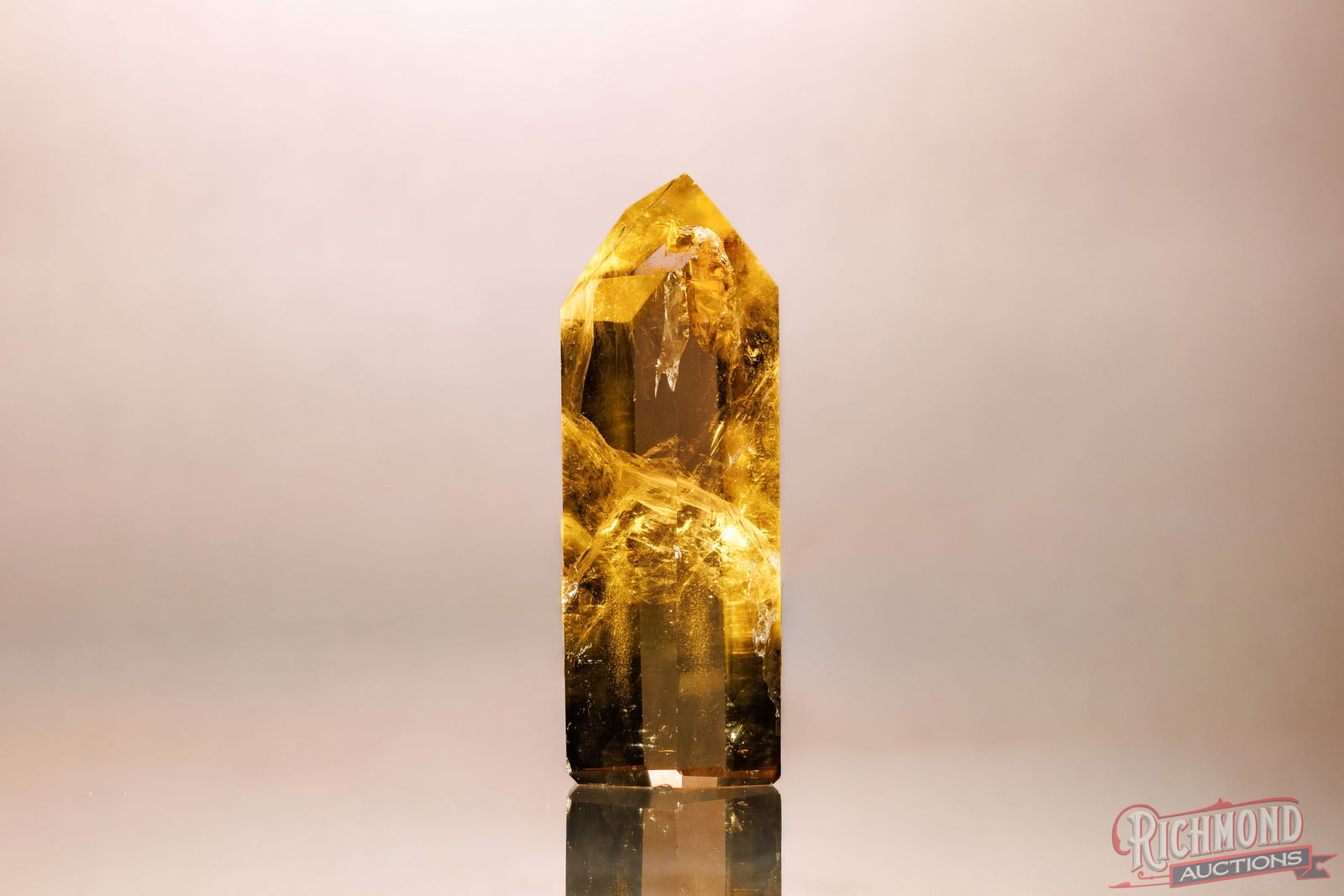 Natural Citrine Pure Tower: Natural Citrine Tower - Honey Amber. This premier natural citrine tower displays a rich honey-amber coloration that is both warm and remarkably saturated, immediately setting it apart from heat-treate