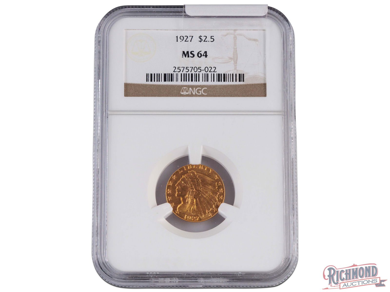 Uncirculated 1927 $2.50 Indian Head Quarter Eagle, NGC MS-64: This MS-64 example represents the last of the easily obtainable grades for this coin. Bela Lyon Pratt's coinage typically sees a condition drop-off in grades higher than MS-64. So, survivors in that g