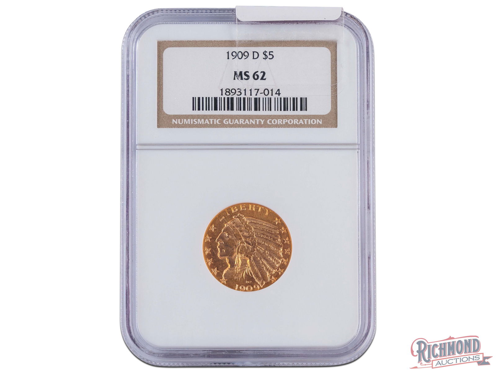 Pleasing 1909-D $5 Indian Head Half Eagle, NGC MS-62 (1 of 2)