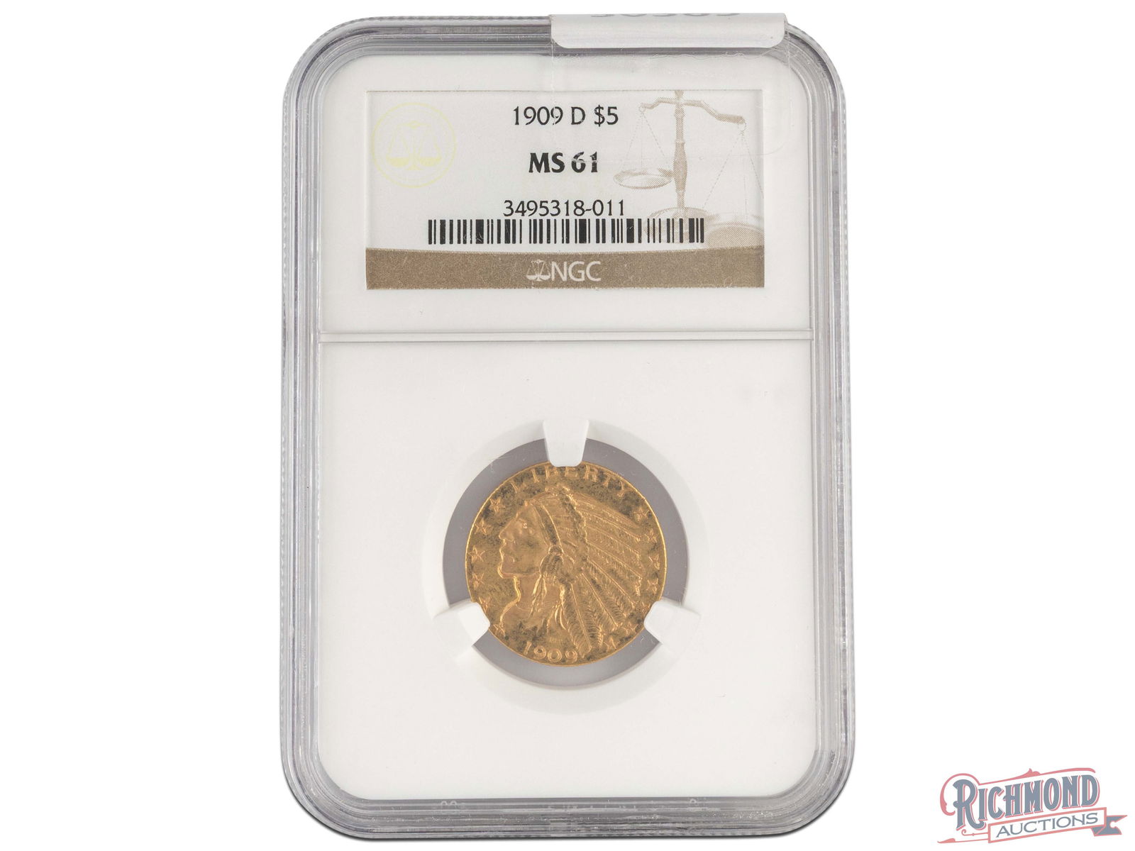 1909-D $5 Indian Head Half Eagle Gold Coin, NGC MS-61 (1 of 2)