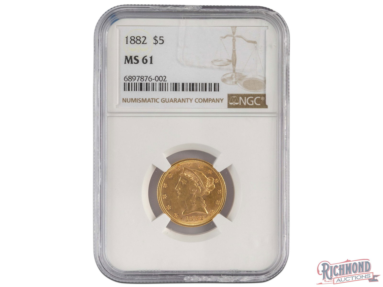 Brilliant MS-61 1882 Liberty Head $5 Gold Piece: The Liberty Head Half Eagle series consisted of two different types: Type 1 with No Motto and Type 2 with a Motto. Featured here is an 1882 With Motto $5 Liberty Head gold coin. This coin has received